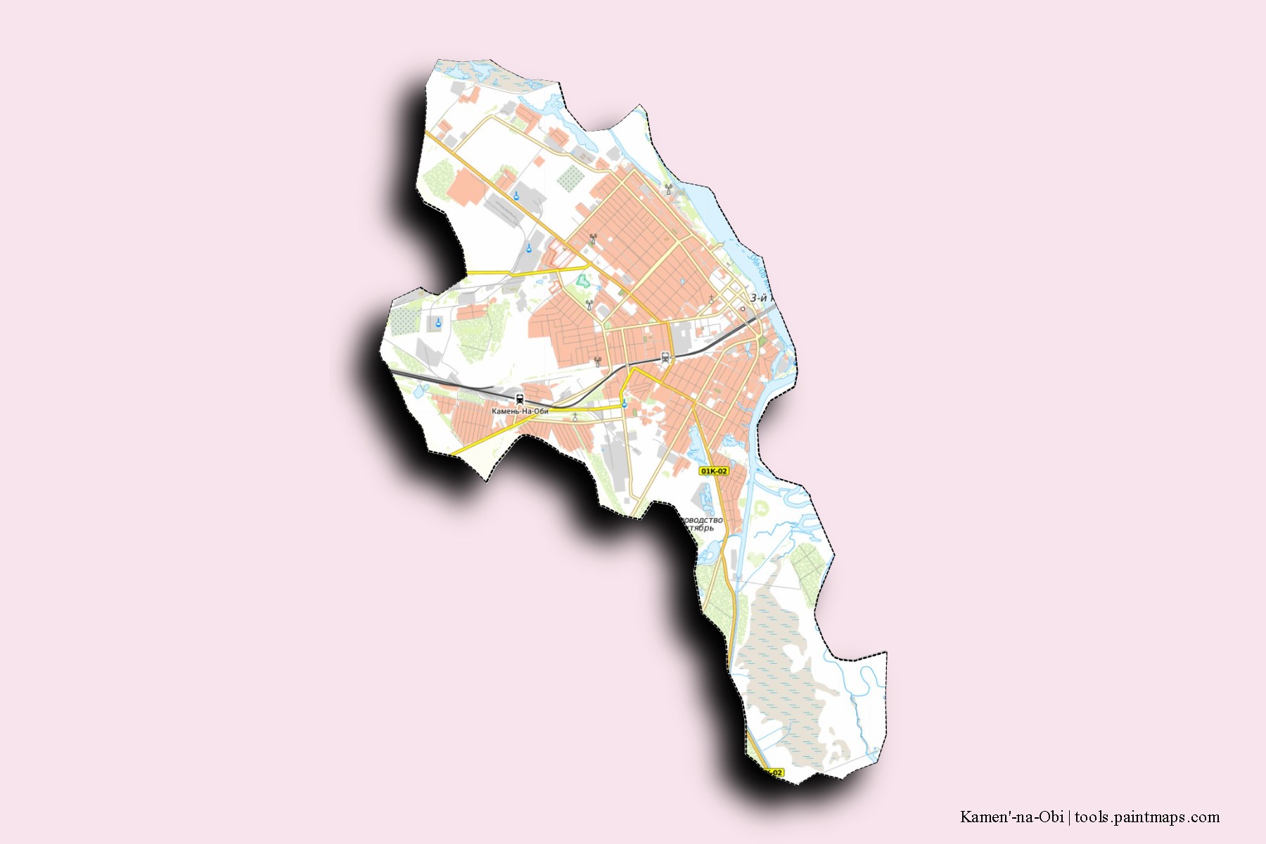 Kamen'-na-Obi neighborhoods and villages map with 3D shadow effect