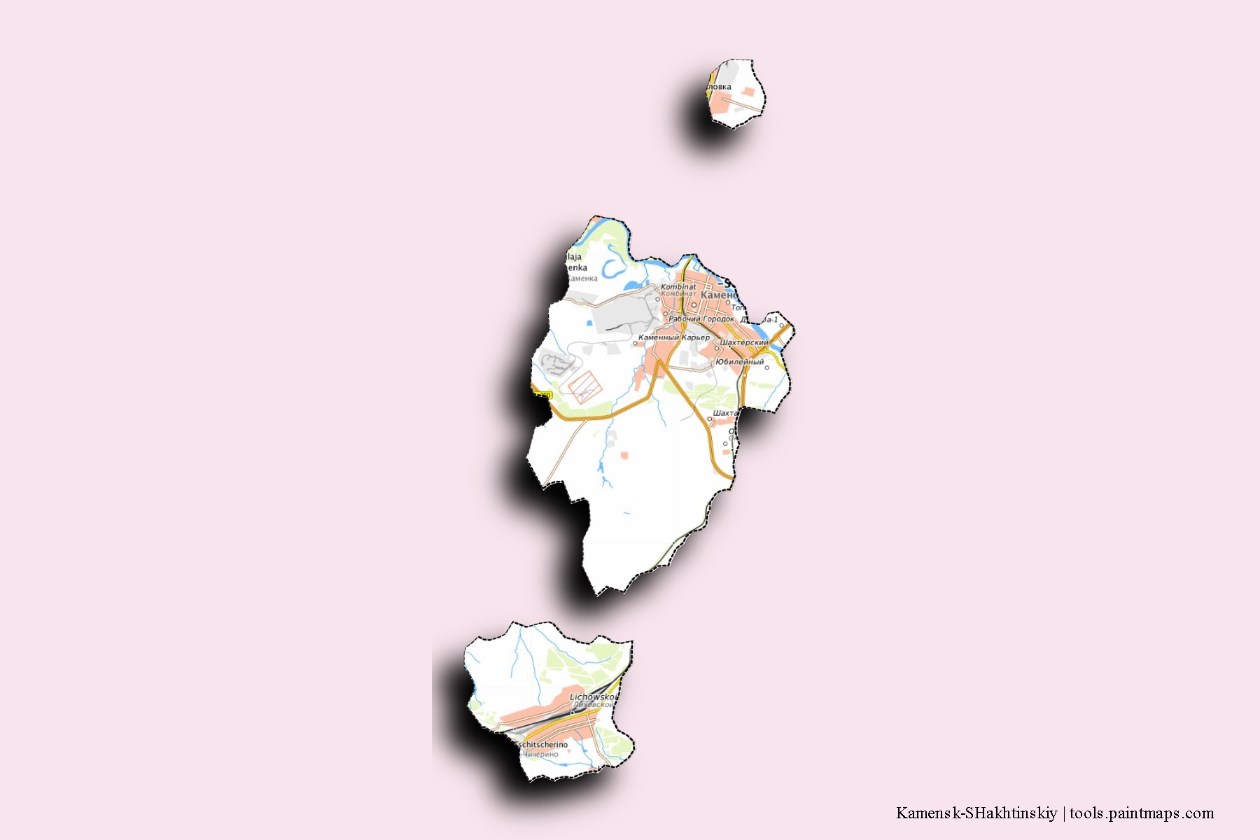 Kamensk-SHakhtinskiy neighborhoods and villages map with 3D shadow effect