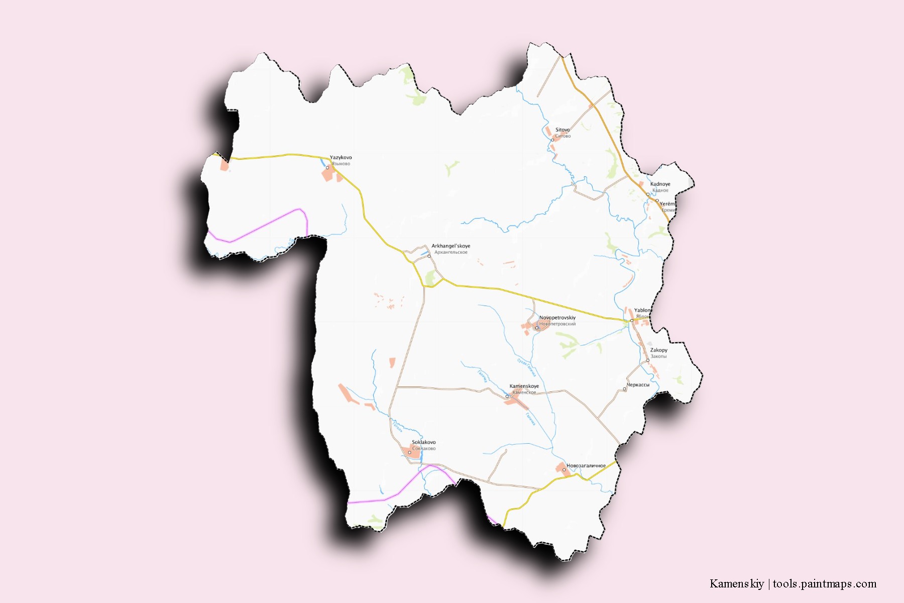 Mapa de barrios y pueblos de Kamenskiy con efecto de sombra 3D