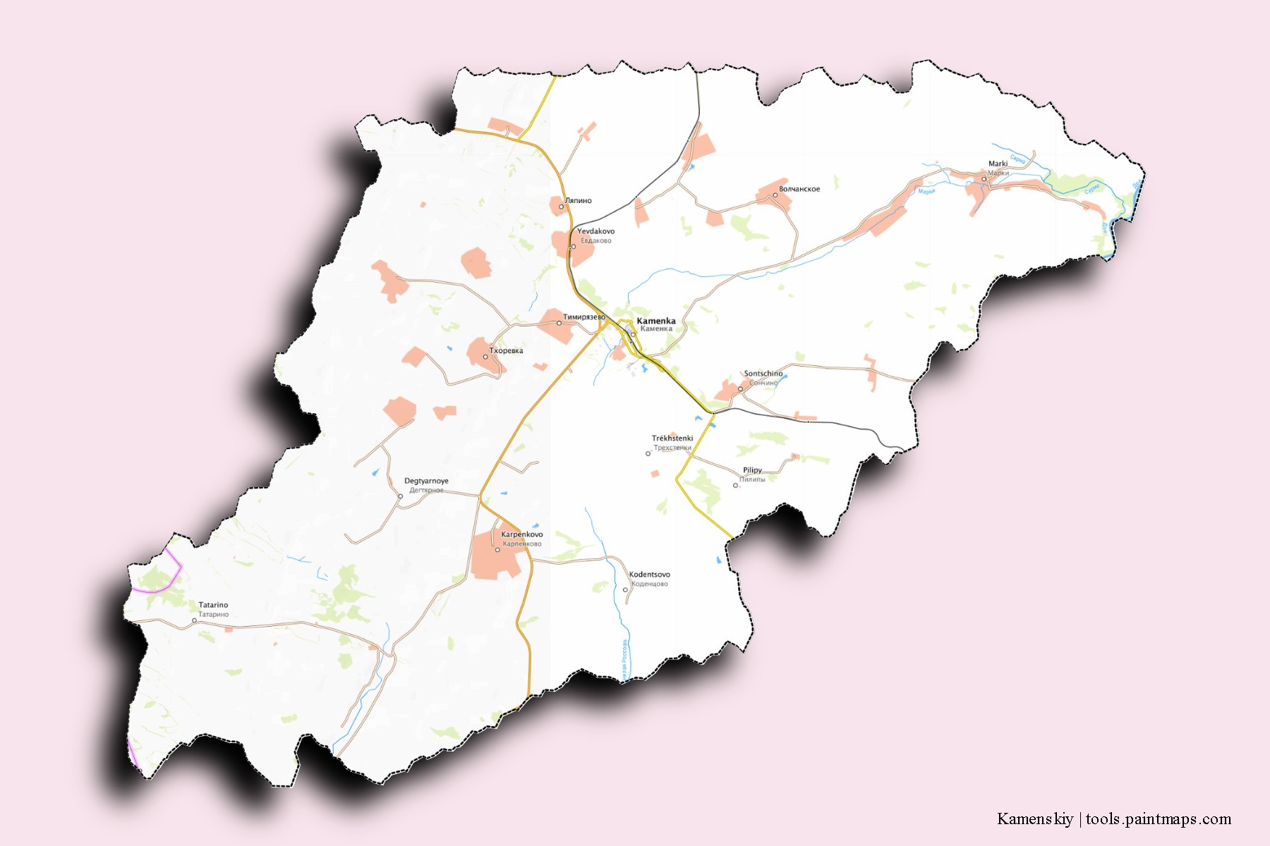 Kamenskiy neighborhoods and villages map with 3D shadow effect