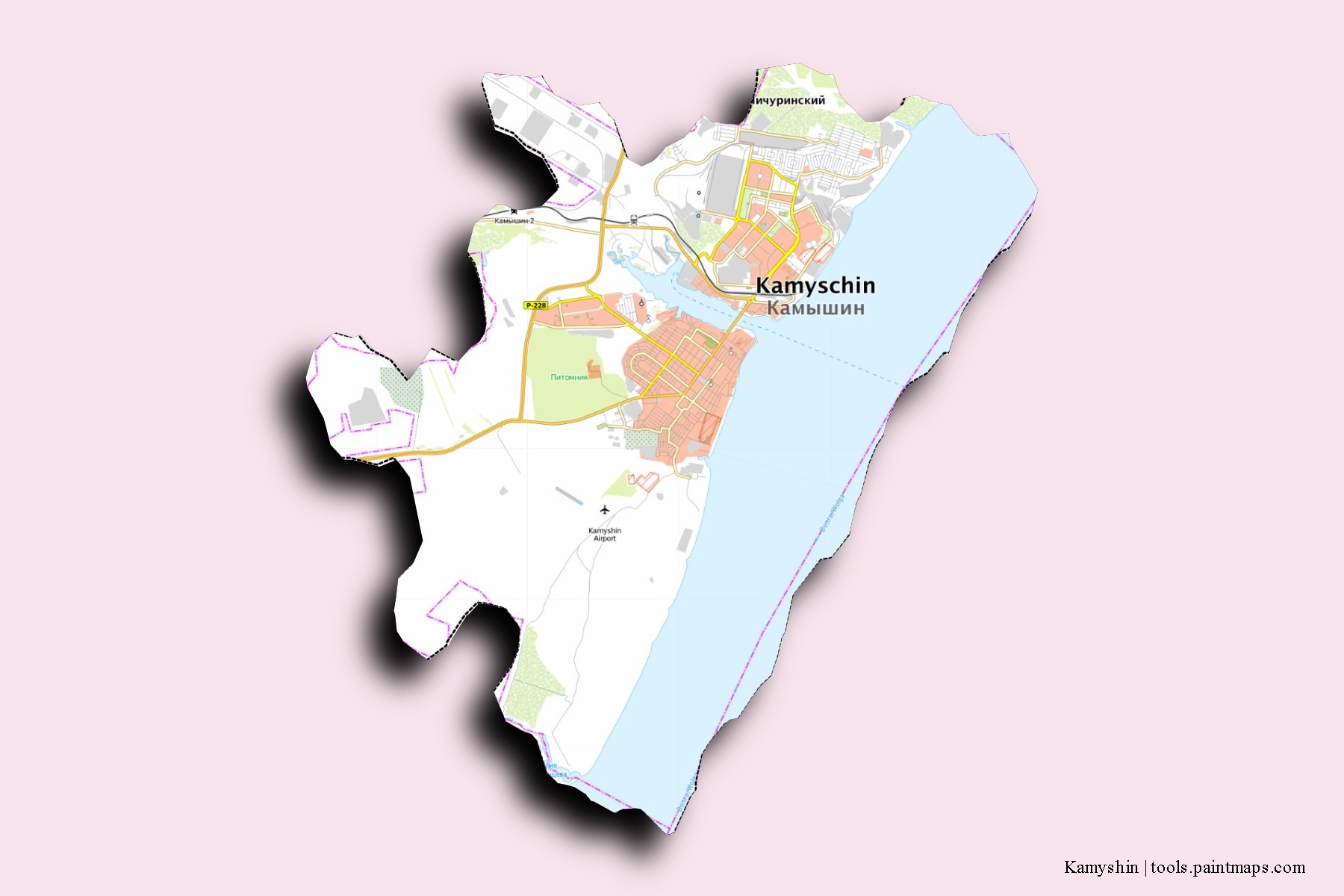 Mapa de barrios y pueblos de Kamyshin con efecto de sombra 3D