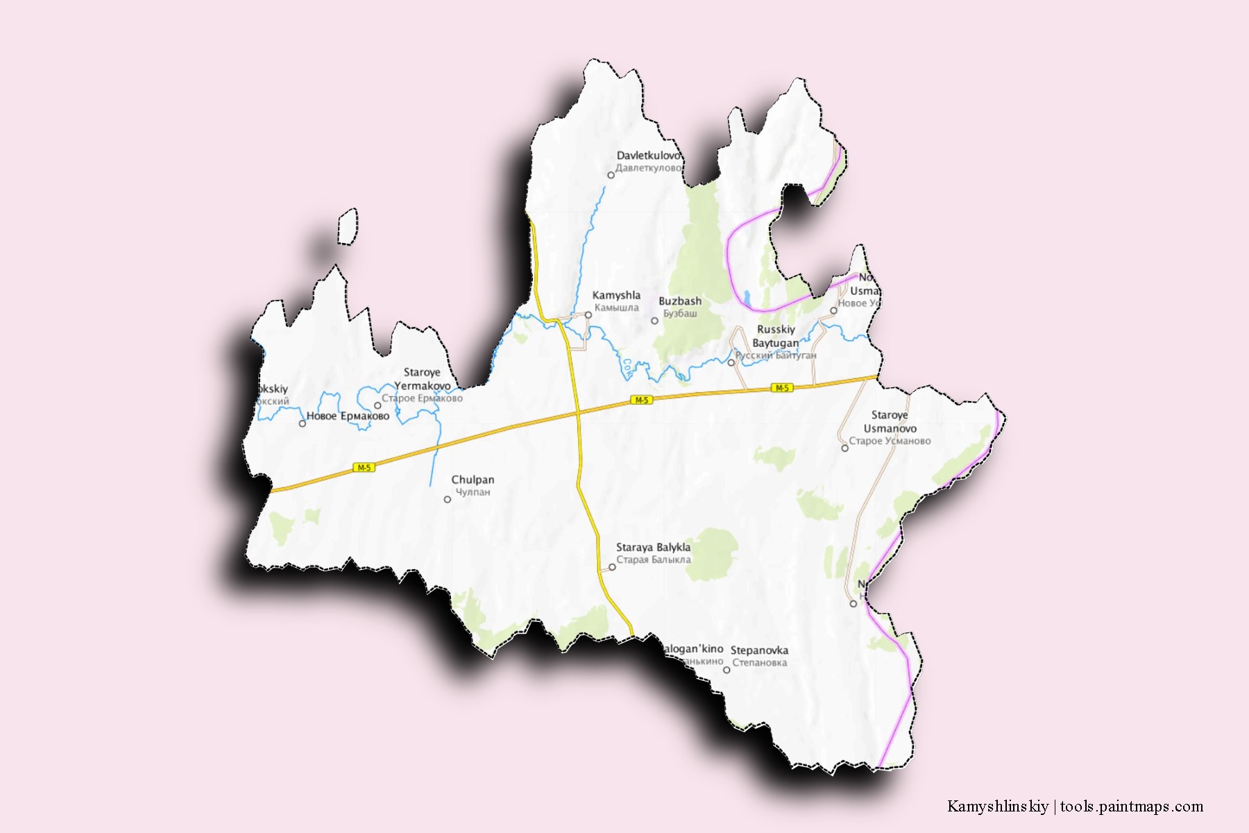 Mapa de barrios y pueblos de Kamyshlinskiy con efecto de sombra 3D