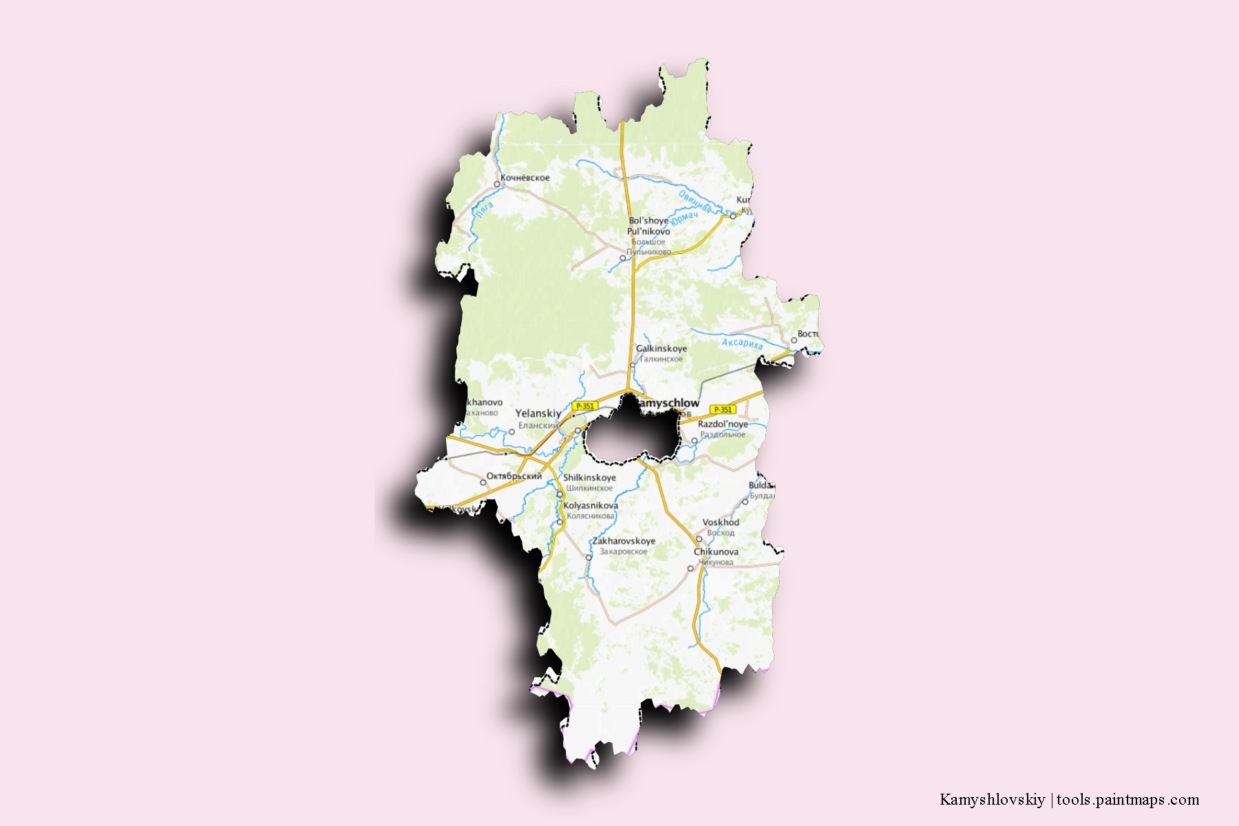 Mapa de barrios y pueblos de Kamyshlovskiy con efecto de sombra 3D