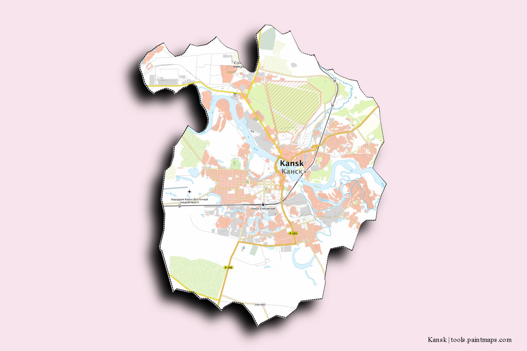 Kansk neighborhoods and villages map with 3D shadow effect