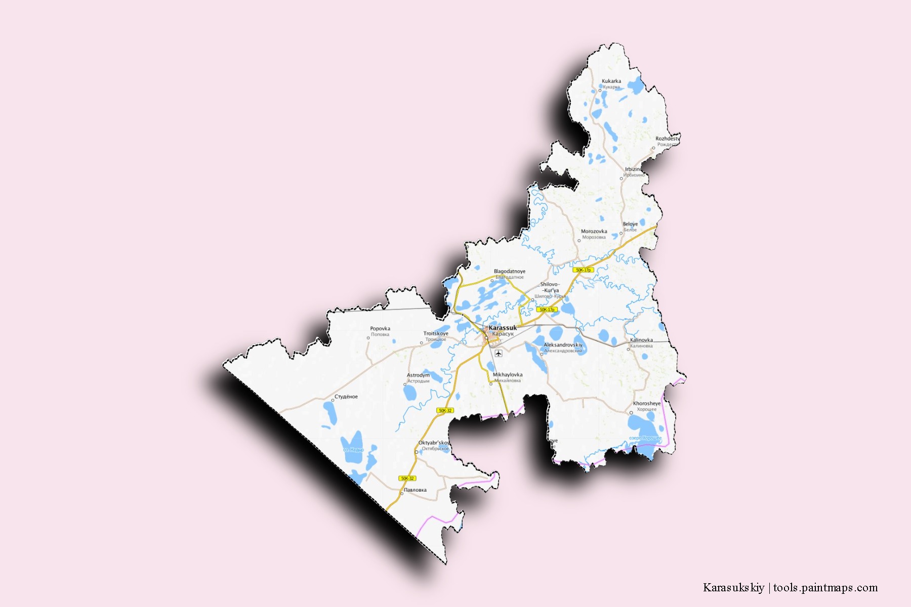 Karasukskiy neighborhoods and villages map with 3D shadow effect