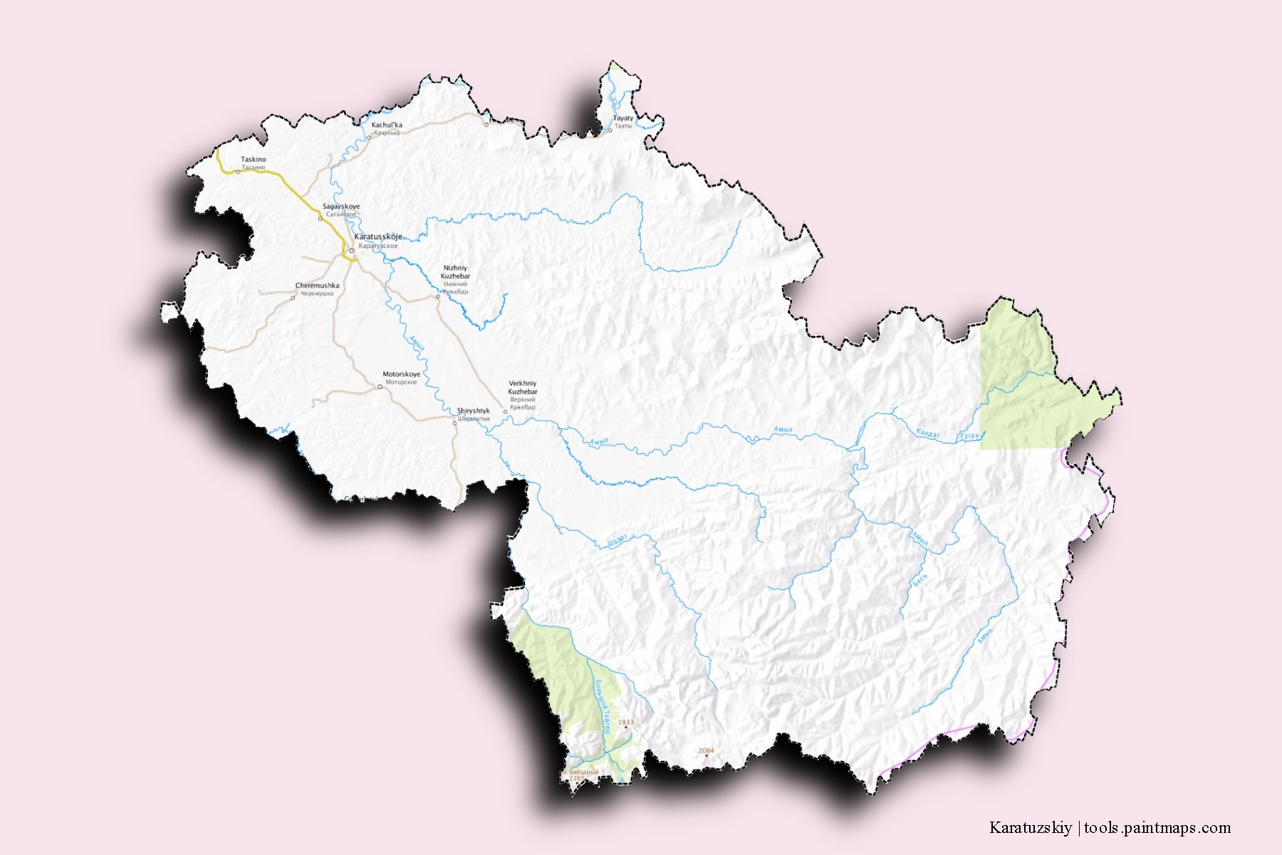 Karatuzskiy neighborhoods and villages map with 3D shadow effect