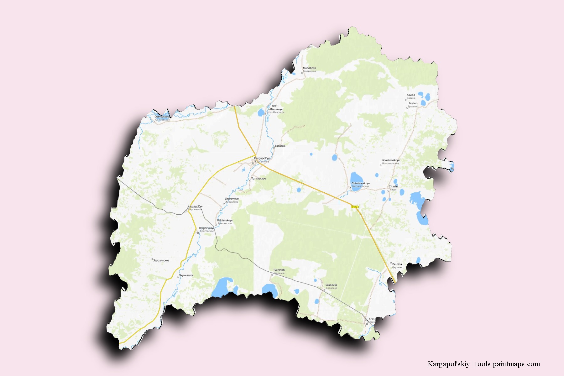 Kargapol'skiy neighborhoods and villages map with 3D shadow effect