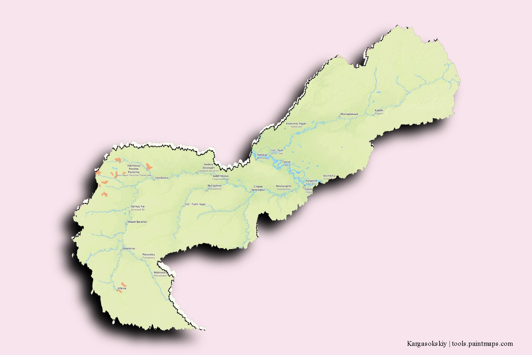 Kargasokskiy neighborhoods and villages map with 3D shadow effect