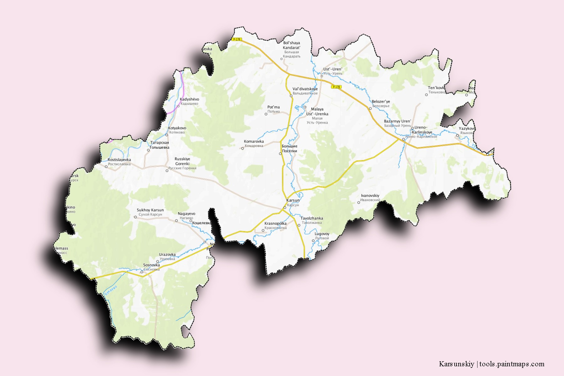 Mapa de barrios y pueblos de Karsunskiy con efecto de sombra 3D