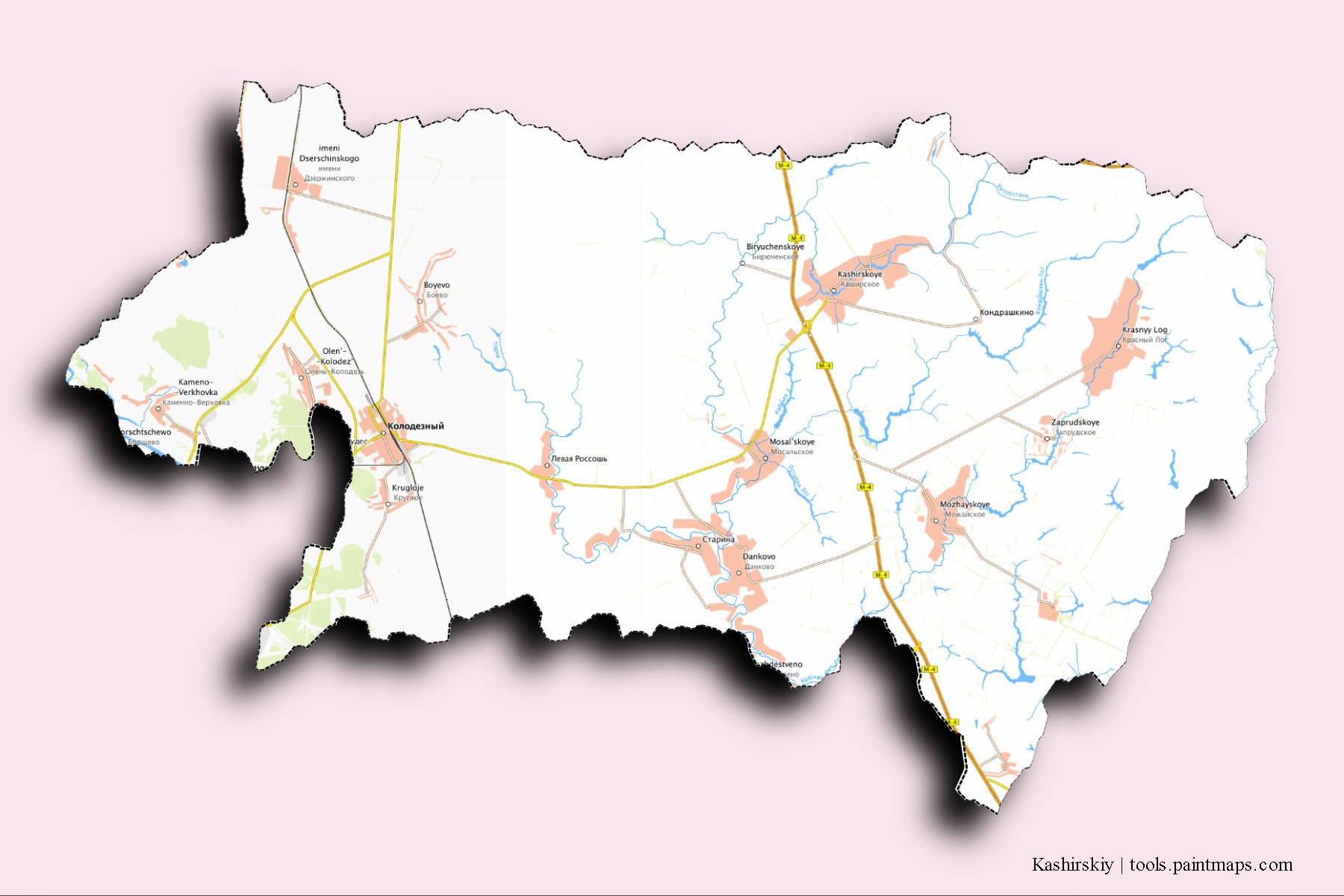 Mapa de barrios y pueblos de Kashirskiy con efecto de sombra 3D