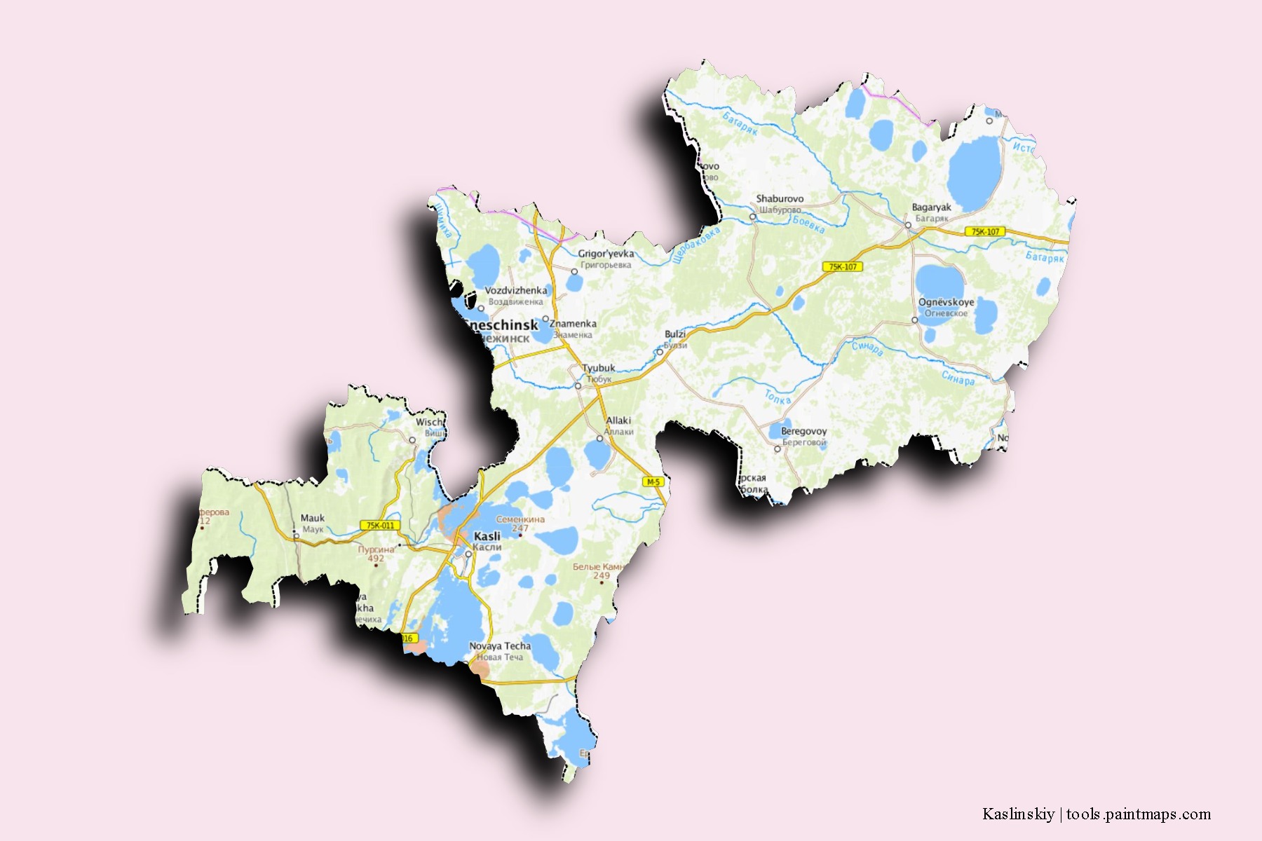 Kaslinskiy neighborhoods and villages map with 3D shadow effect