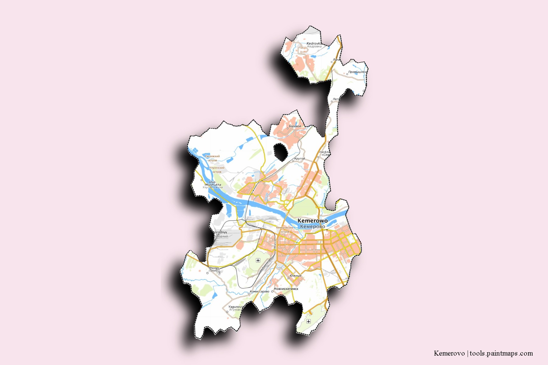 3D gölge efektli Kemerovo mahalleleri ve köyleri haritası
