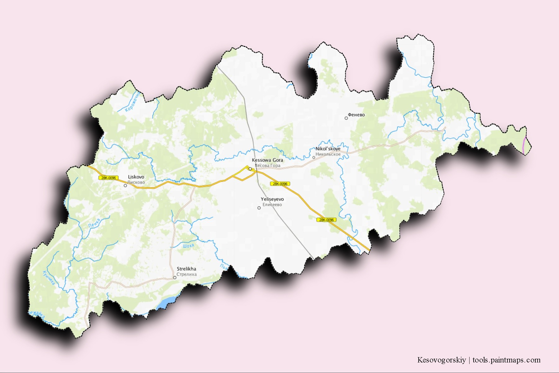 Mapa de barrios y pueblos de Kesovogorskiy con efecto de sombra 3D