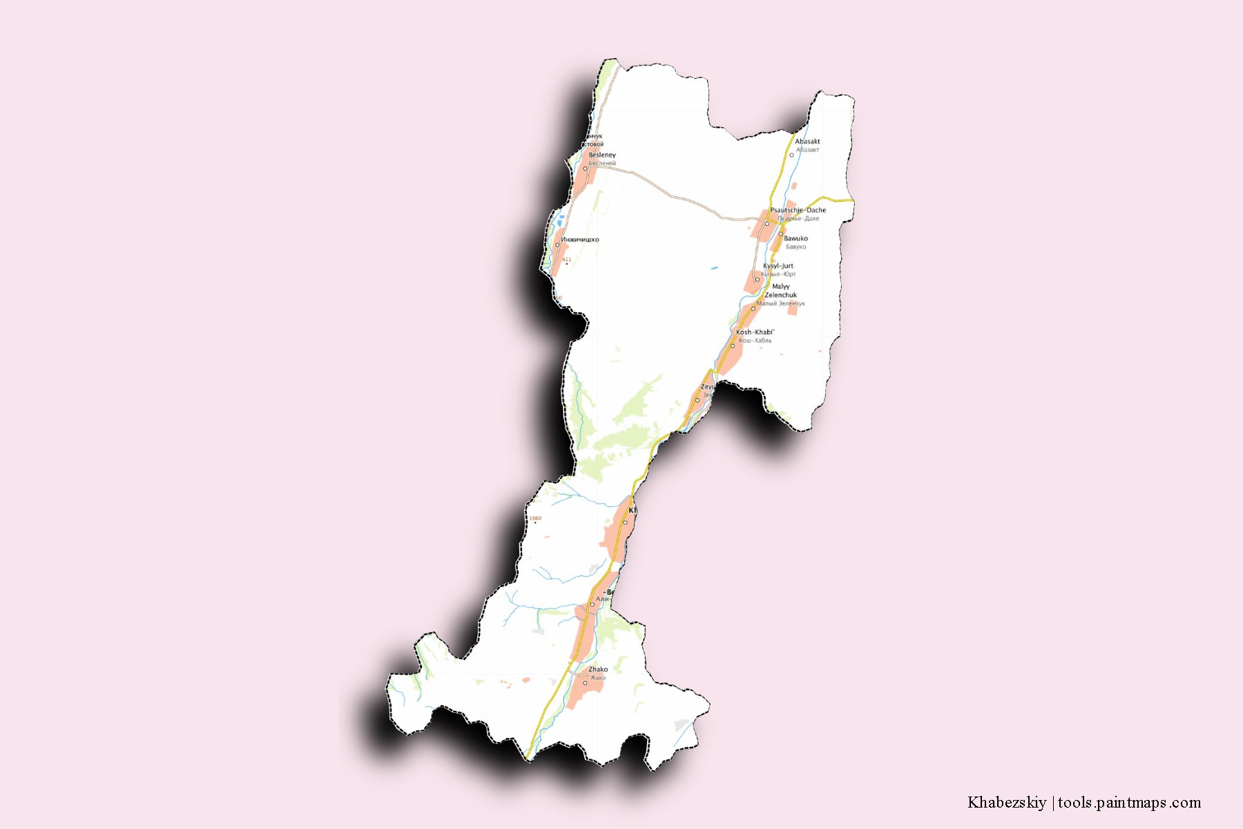 Mapa de barrios y pueblos de Khabezskiy con efecto de sombra 3D