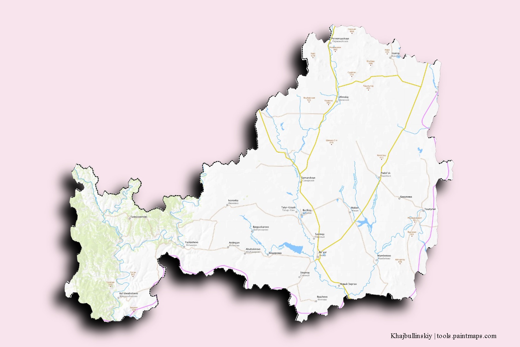 Mapa de barrios y pueblos de Khajbullinskiy con efecto de sombra 3D