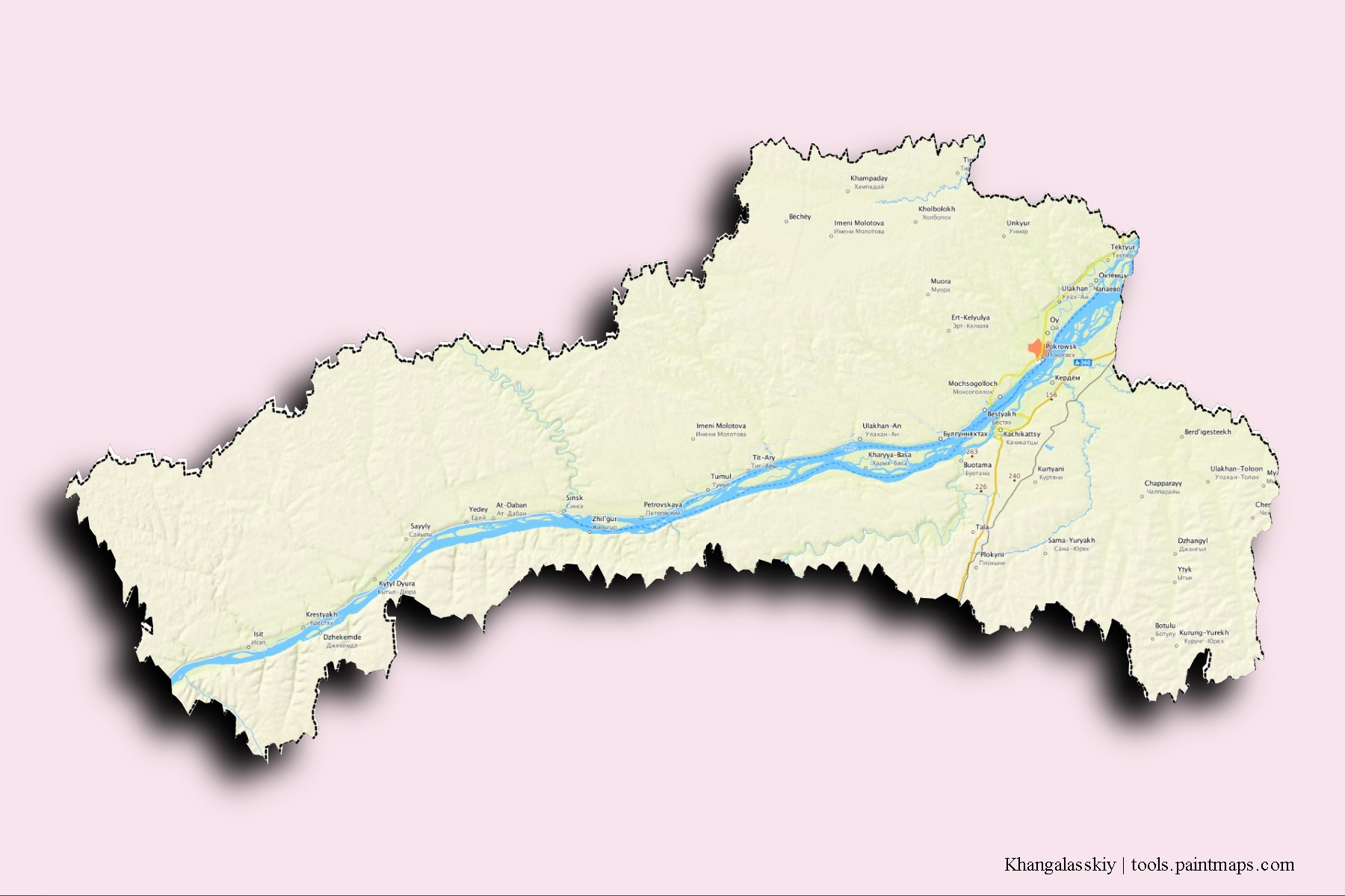 Mapa de barrios y pueblos de Khangalasskiy con efecto de sombra 3D