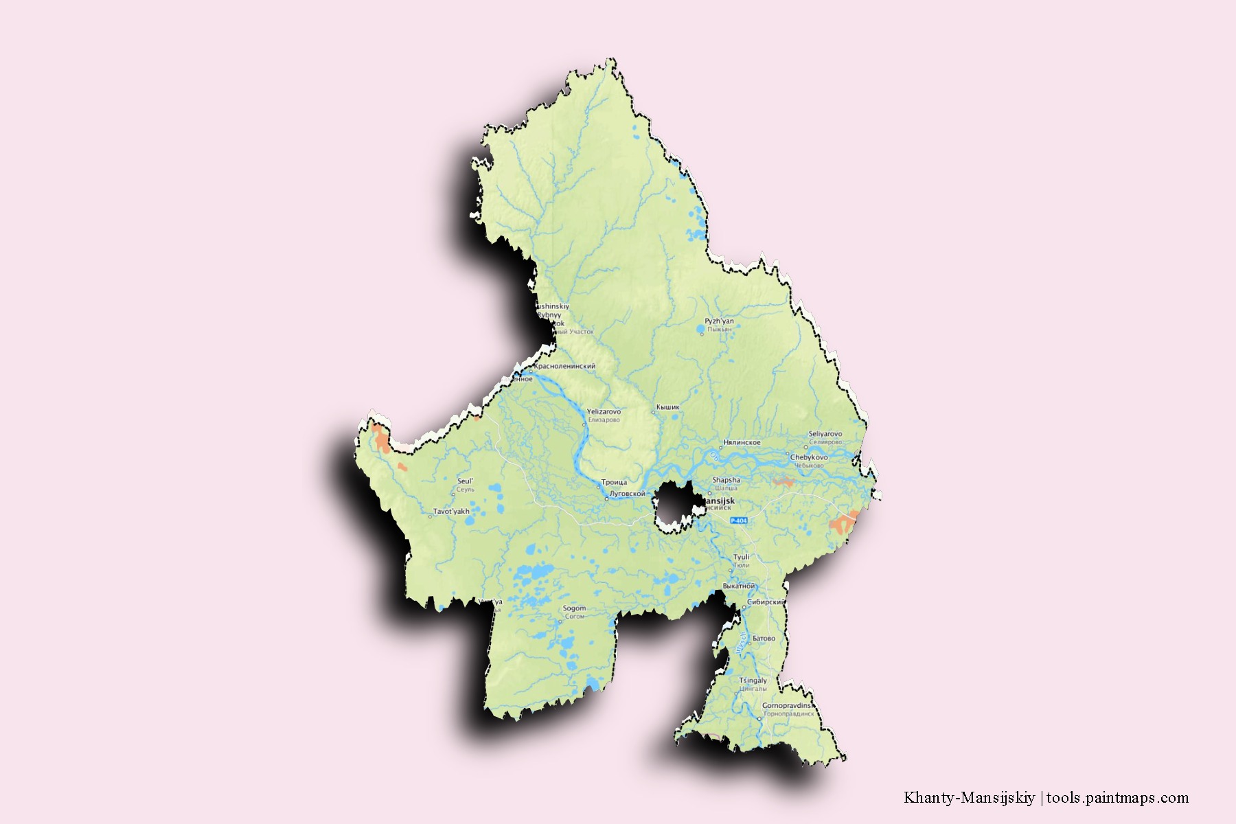 Mapa de barrios y pueblos de Khanty-Mansijskiy con efecto de sombra 3D