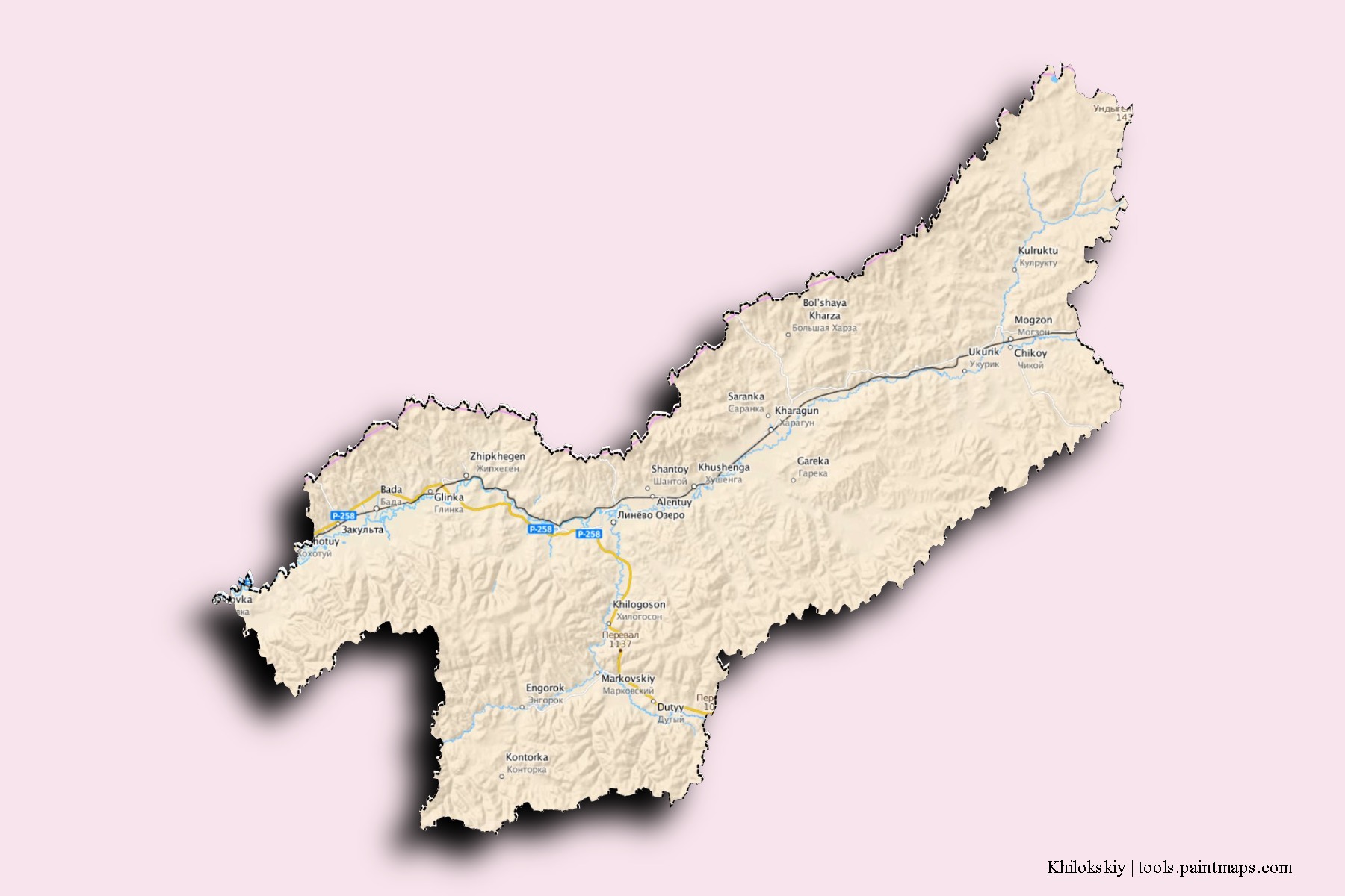 Mapa de barrios y pueblos de Khilokskiy con efecto de sombra 3D