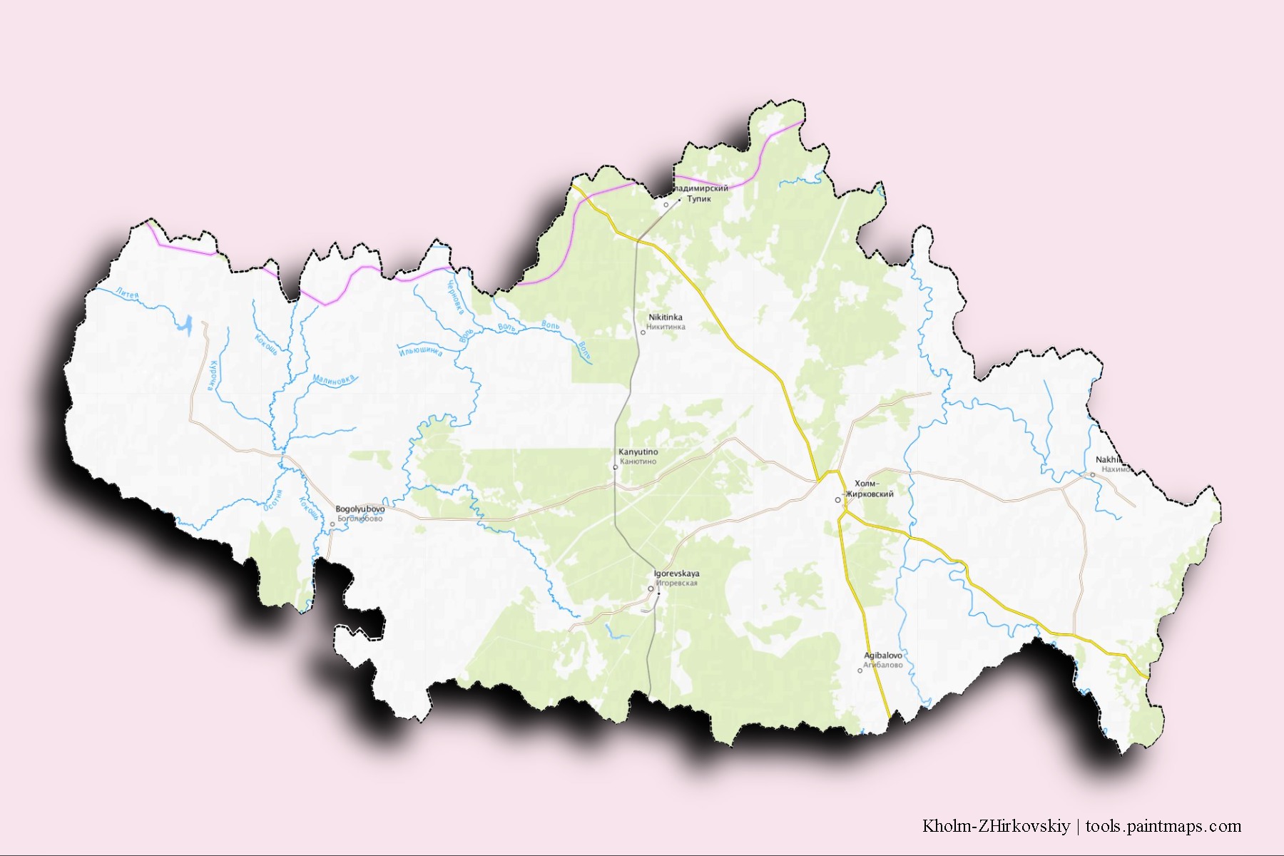 Kholm-ZHirkovskiy neighborhoods and villages map with 3D shadow effect