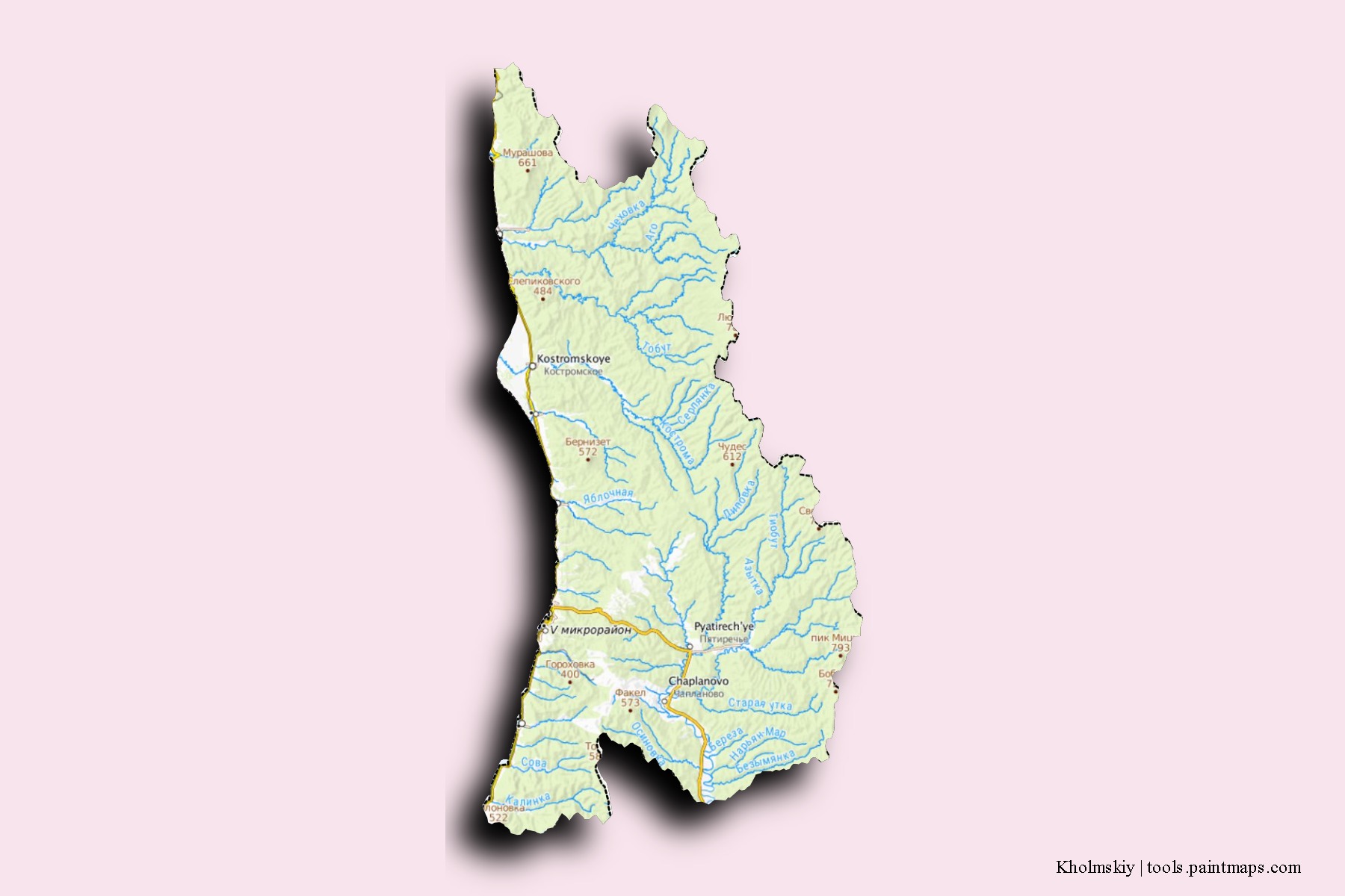 Mapa de barrios y pueblos de Kholmskiy con efecto de sombra 3D