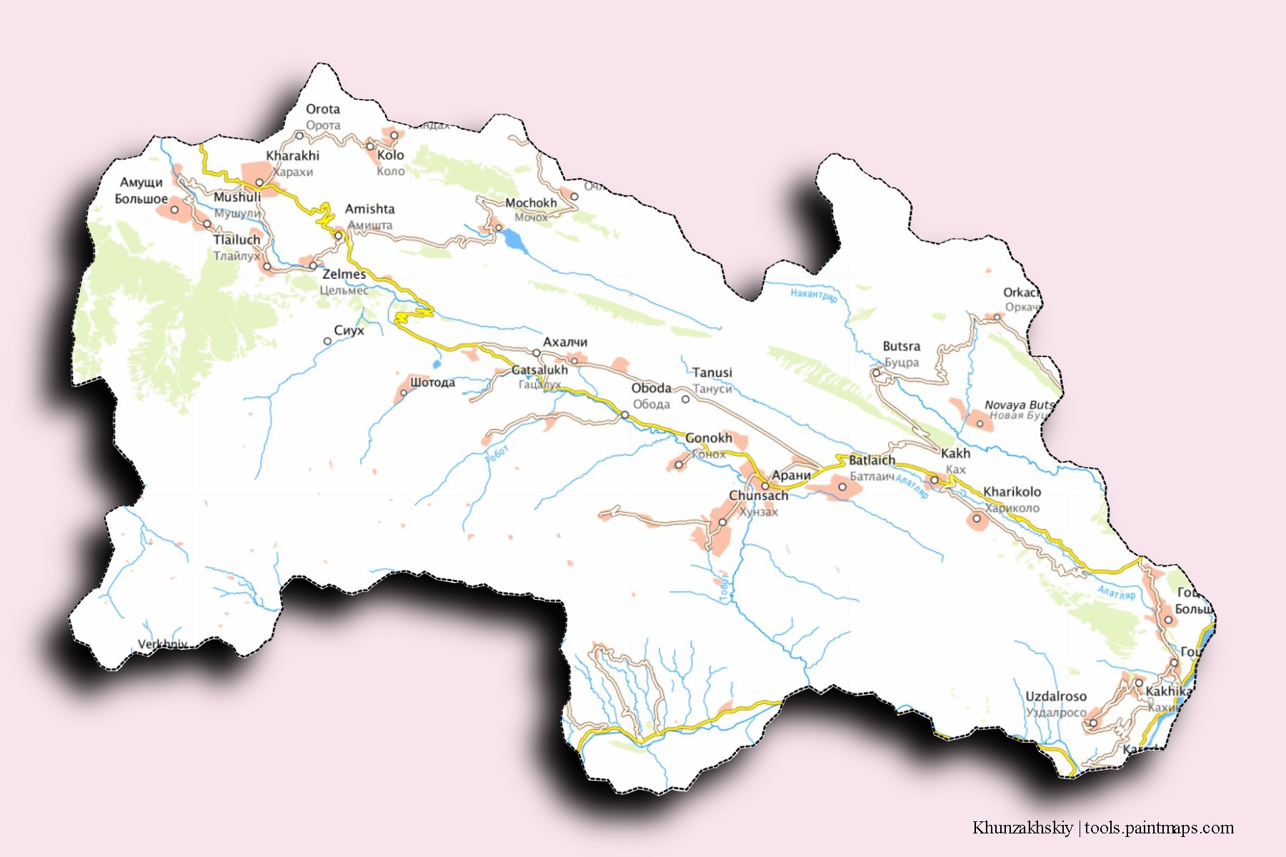 3D gölge efektli Khunzakhskiy mahalleleri ve köyleri haritası