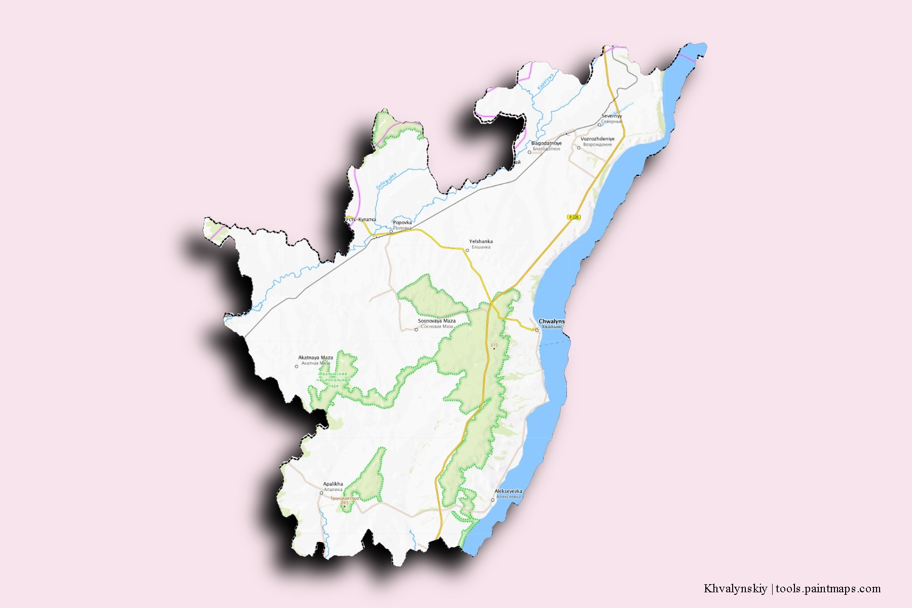 Mapa de barrios y pueblos de Khvalynskiy con efecto de sombra 3D