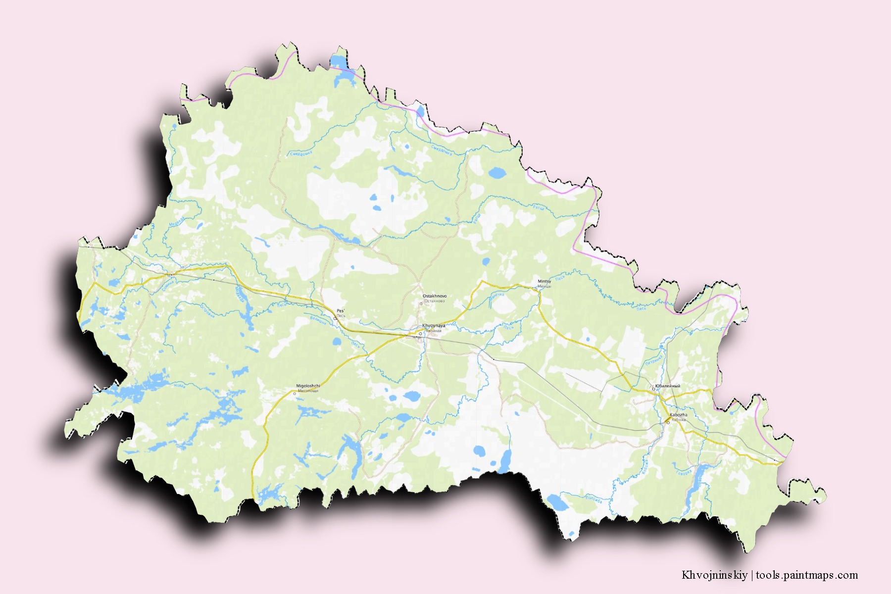 Mapa de barrios y pueblos de Khvojninskiy con efecto de sombra 3D