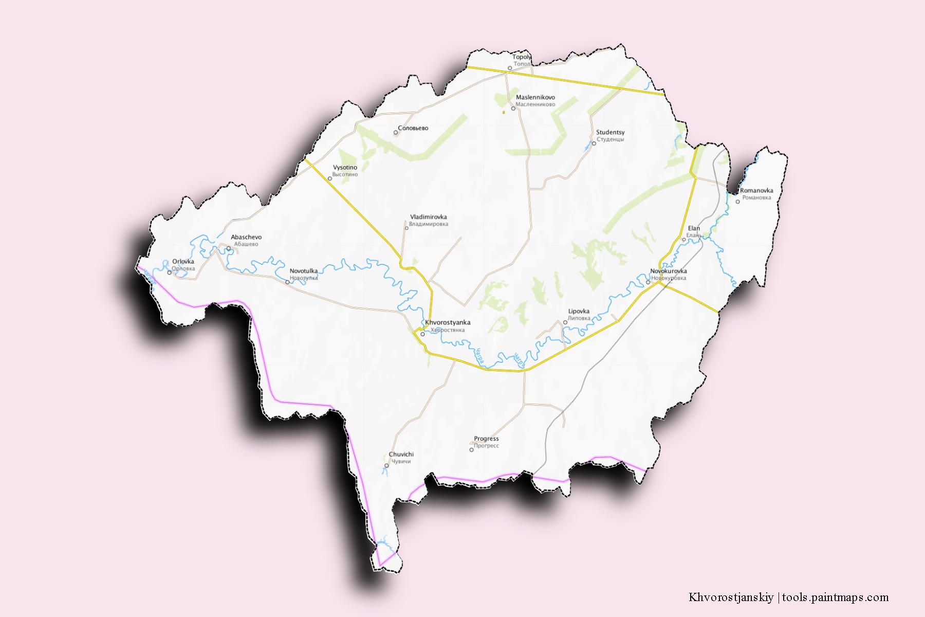 Mapa de barrios y pueblos de Khvorostjanskiy con efecto de sombra 3D