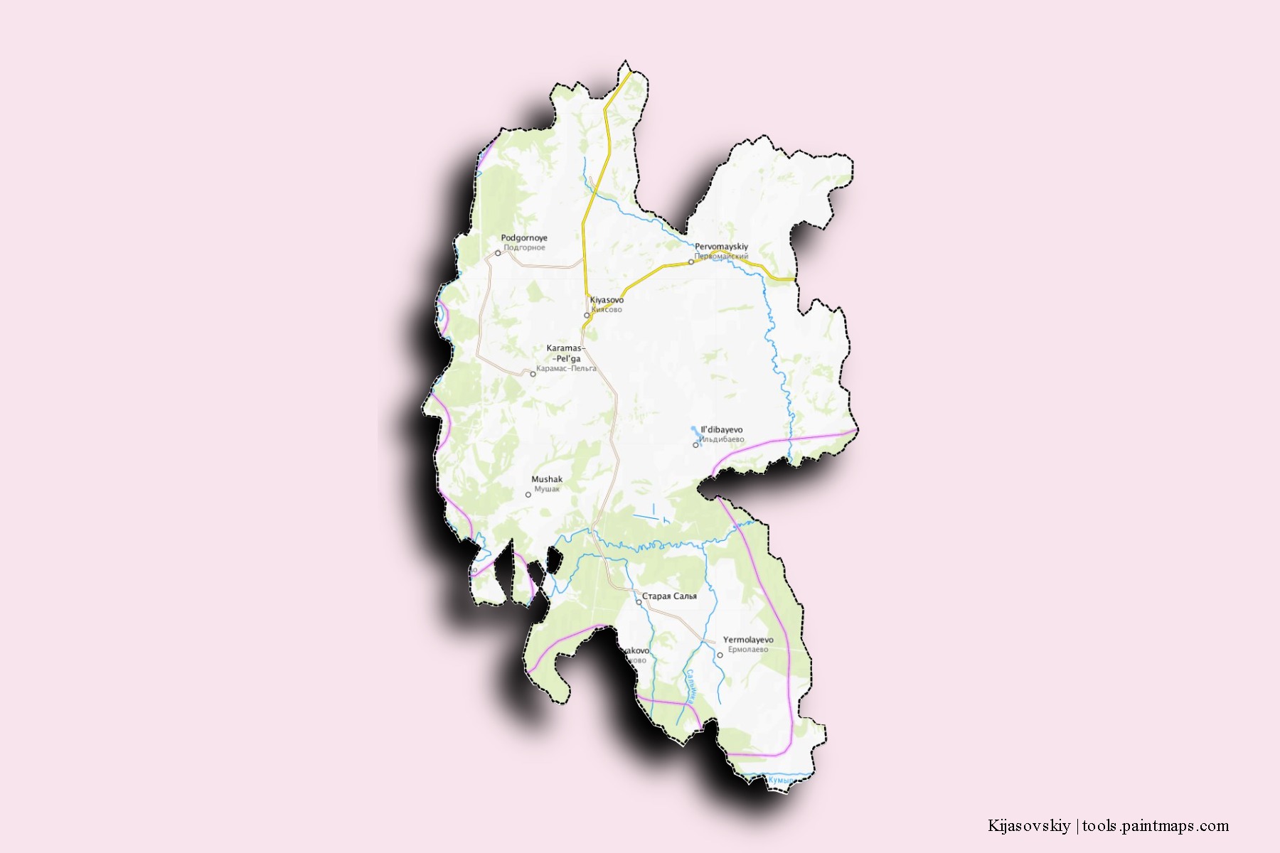 Kijasovskiy neighborhoods and villages map with 3D shadow effect