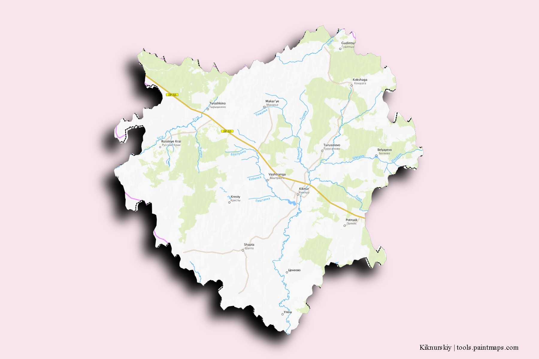 Mapa de barrios y pueblos de Kiknurskiy con efecto de sombra 3D