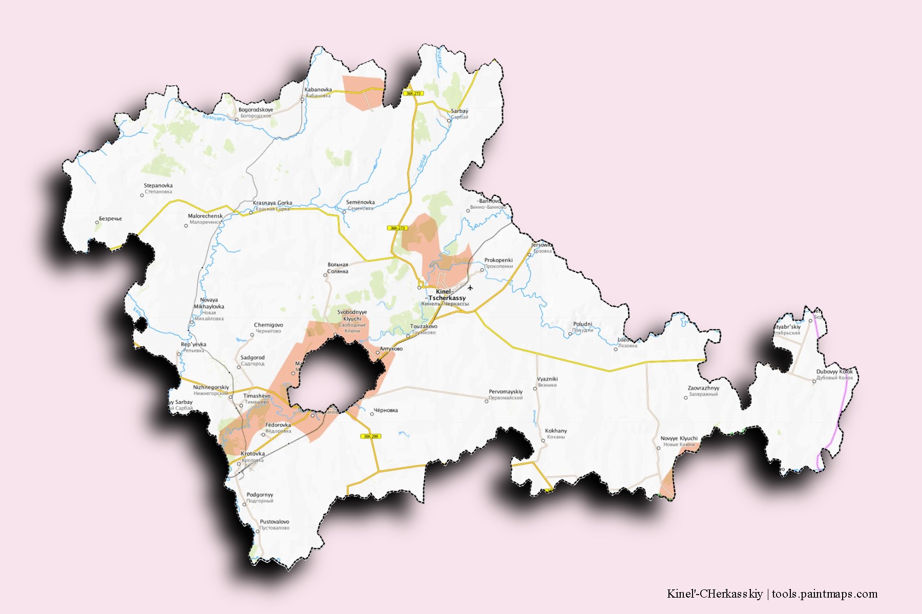 3D gölge efektli Kinel'-CHerkasskiy mahalleleri ve köyleri haritası