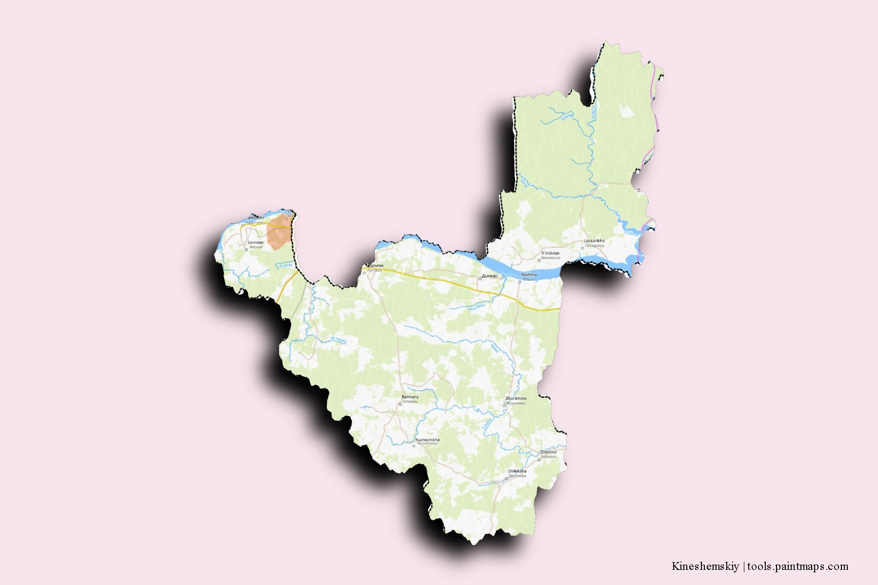 Kineshemskiy neighborhoods and villages map with 3D shadow effect