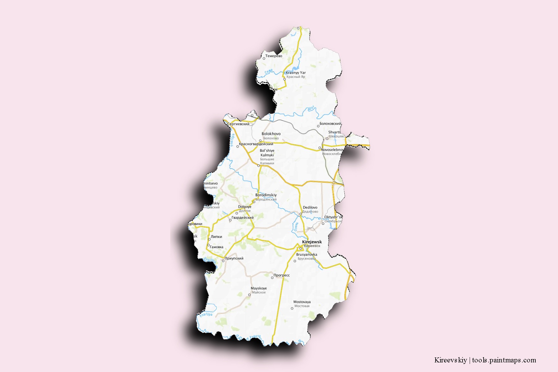 Mapa de barrios y pueblos de Kireevskiy con efecto de sombra 3D