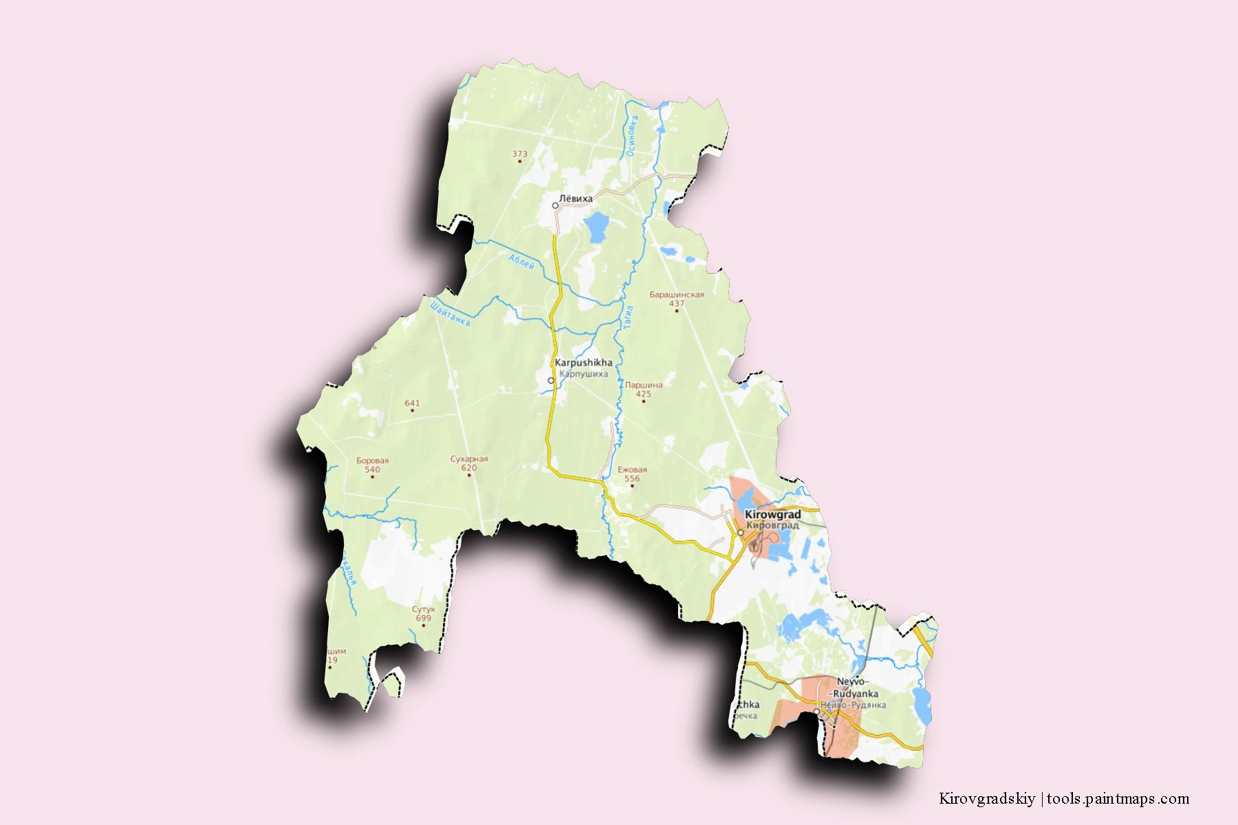 Kirovgradskiy neighborhoods and villages map with 3D shadow effect