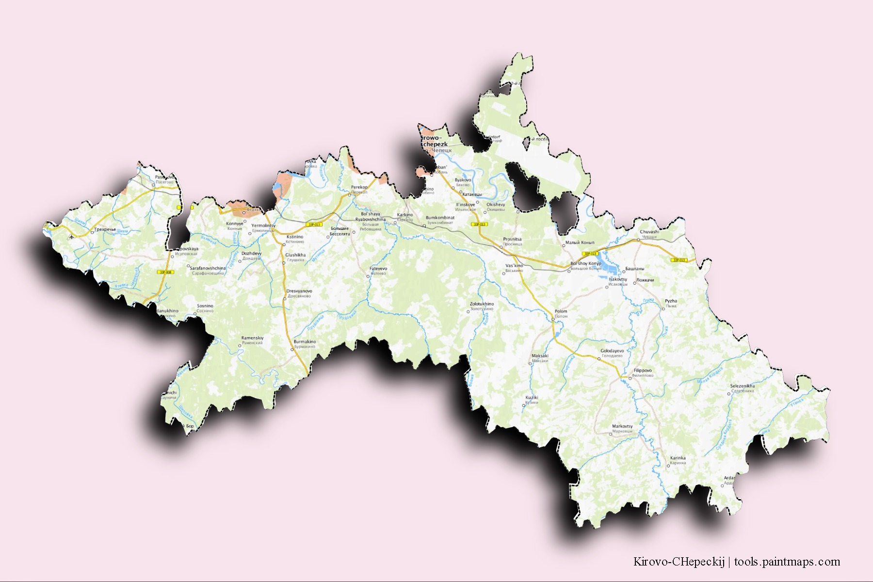 Kirovo-CHepeckij neighborhoods and villages map with 3D shadow effect