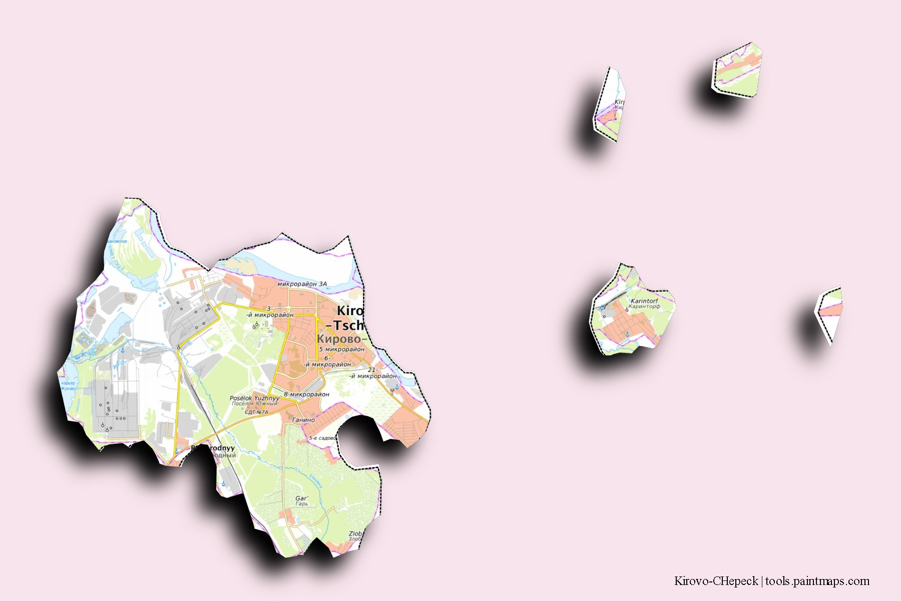 Kirovo-CHepeck neighborhoods and villages map with 3D shadow effect