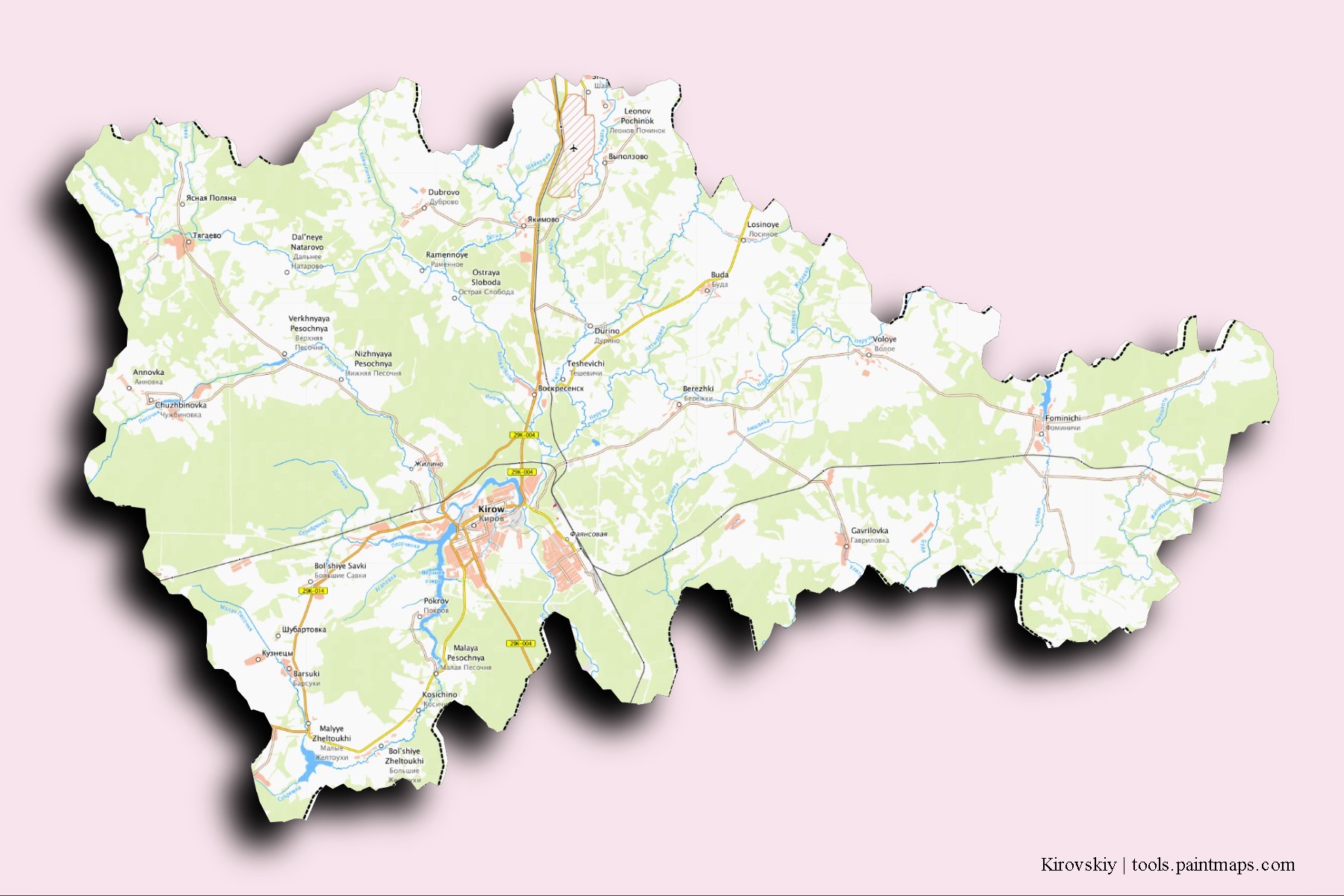 Kirovskiy neighborhoods and villages map with 3D shadow effect