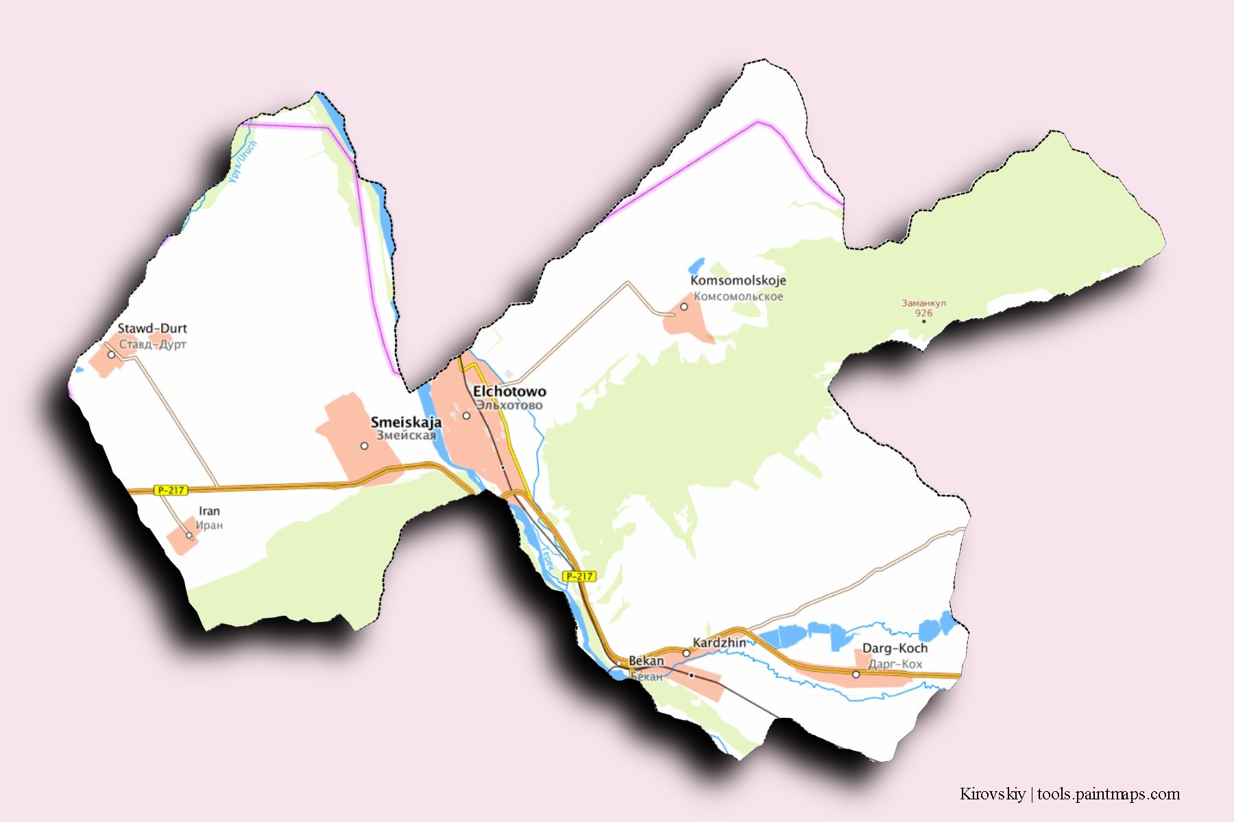 Kirovskiy neighborhoods and villages map with 3D shadow effect