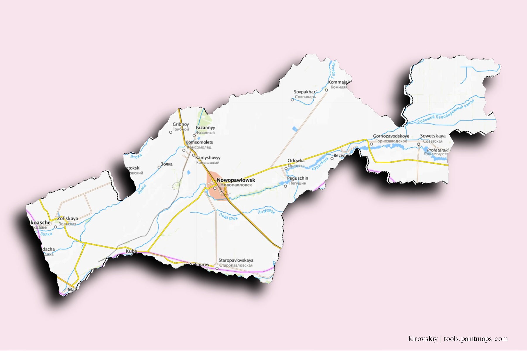 Mapa de barrios y pueblos de Kirovskiy con efecto de sombra 3D