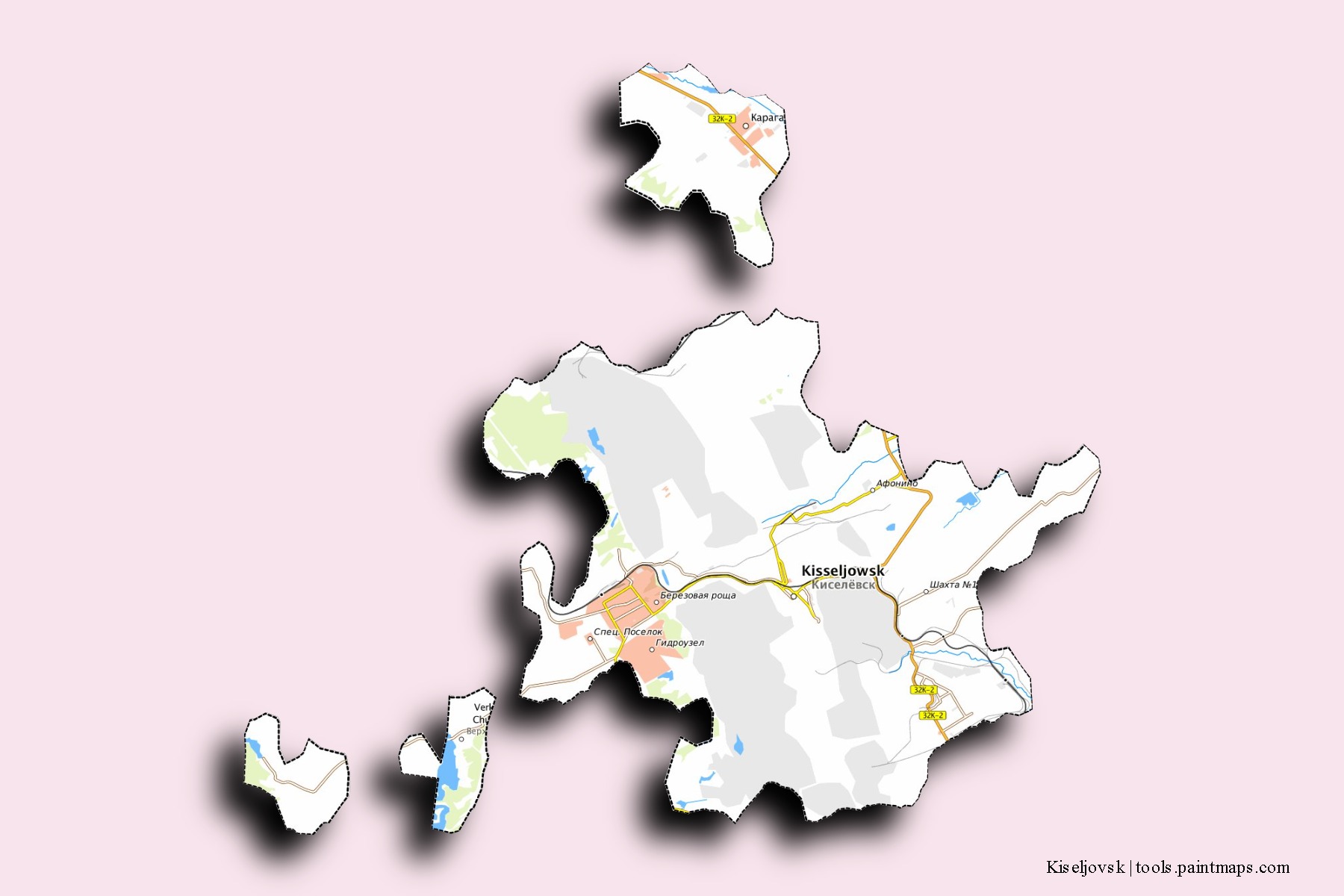 Kiseljovsk neighborhoods and villages map with 3D shadow effect