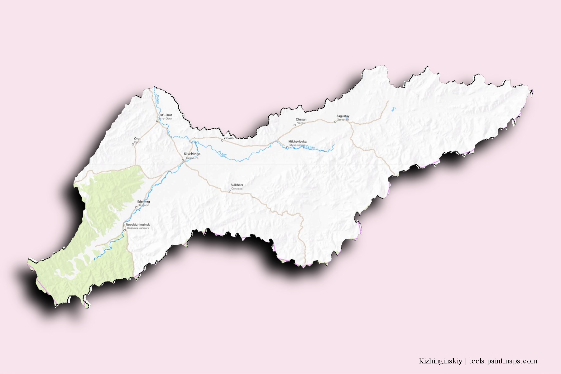 Kizhinginskiy neighborhoods and villages map with 3D shadow effect