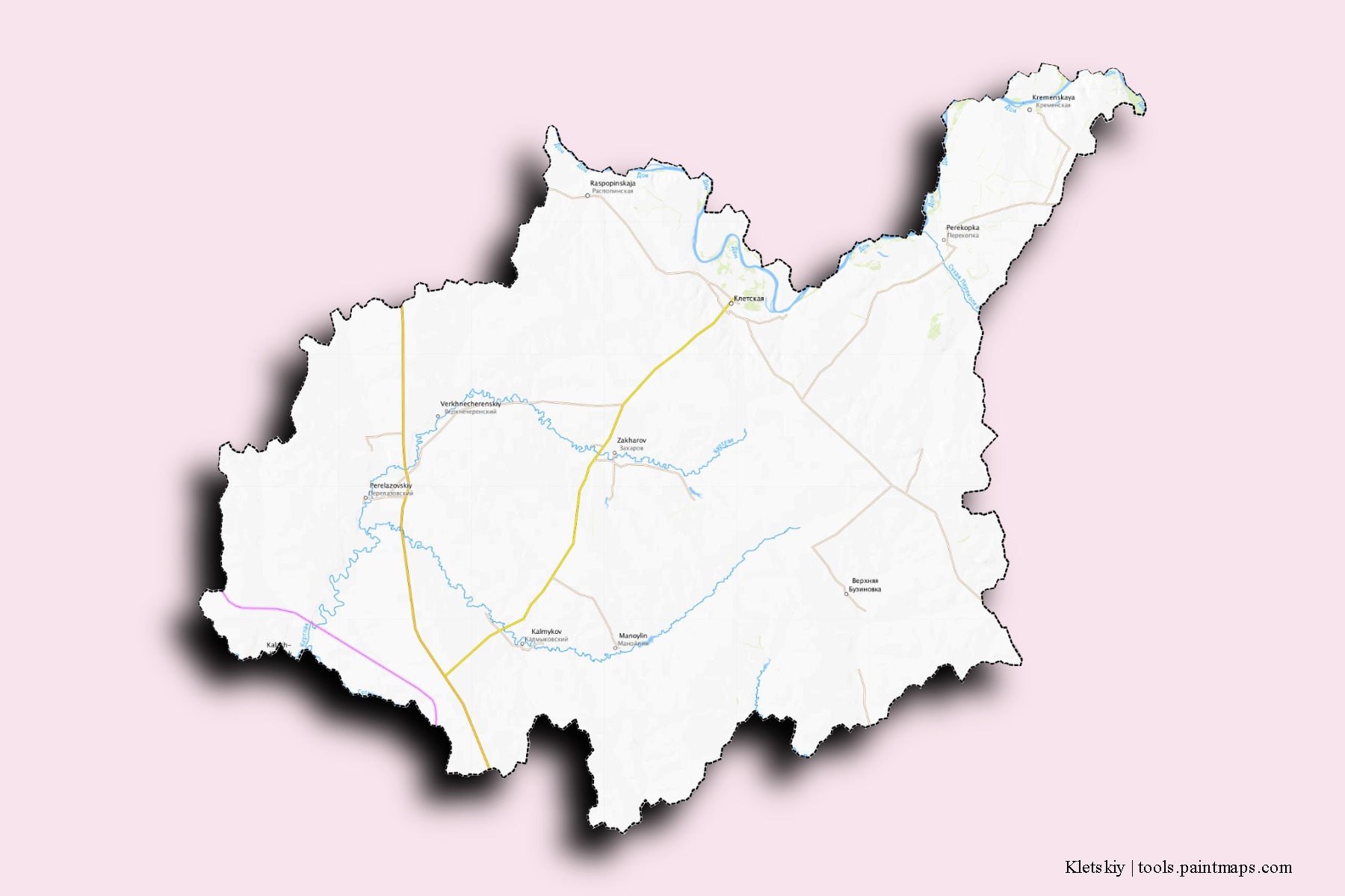 Mapa de barrios y pueblos de Kletskiy con efecto de sombra 3D