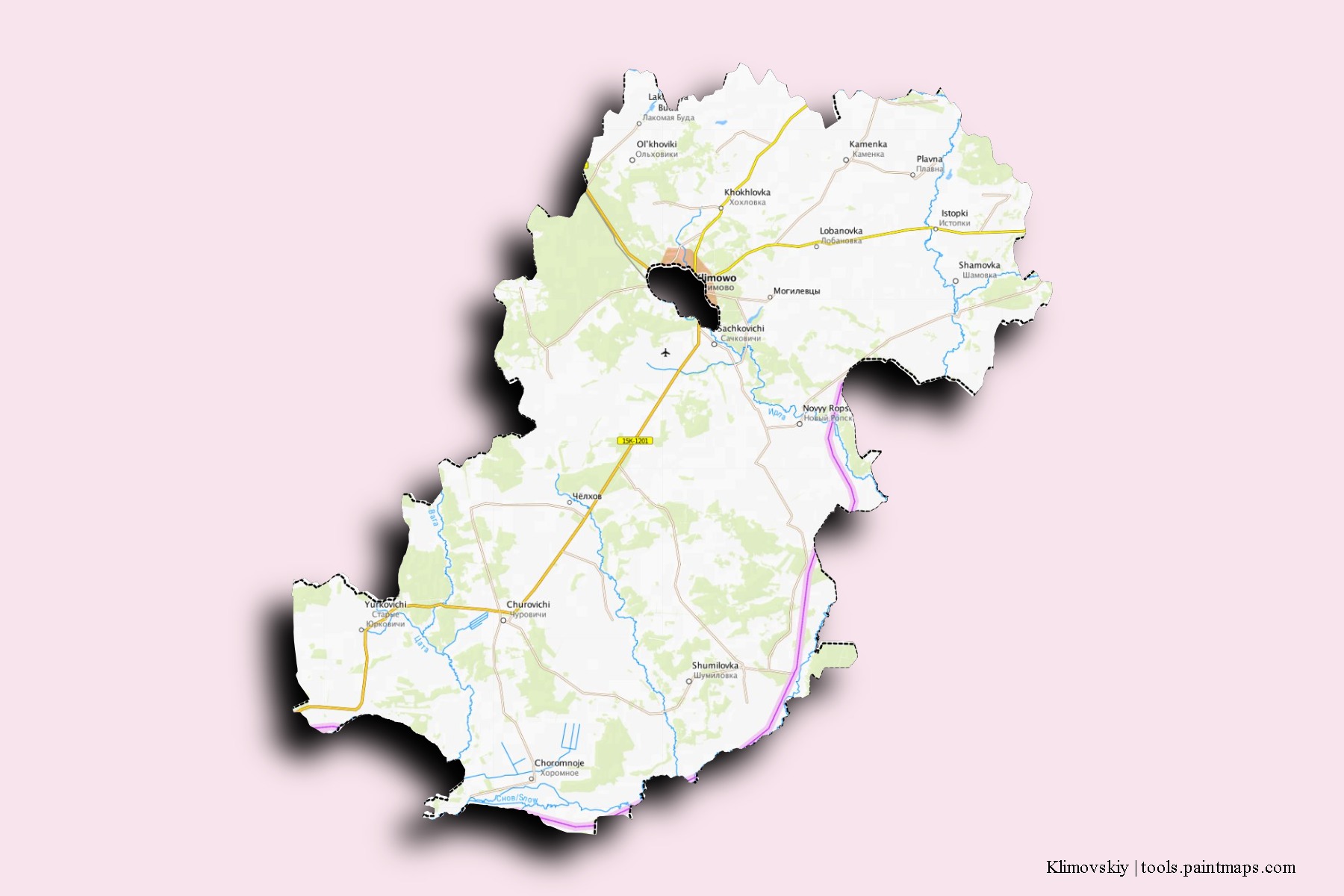 Mapa de barrios y pueblos de Klimovskiy con efecto de sombra 3D