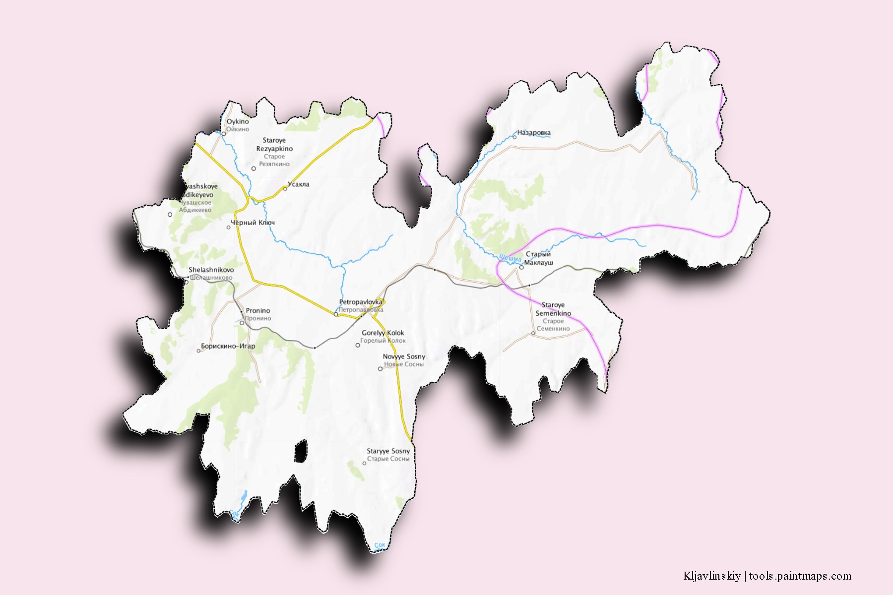 Kljavlinskiy neighborhoods and villages map with 3D shadow effect