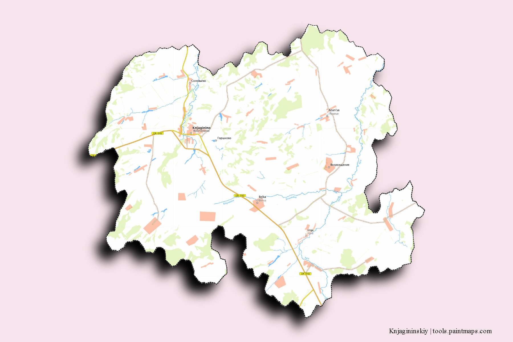 Mapa de barrios y pueblos de Knjagininskiy con efecto de sombra 3D