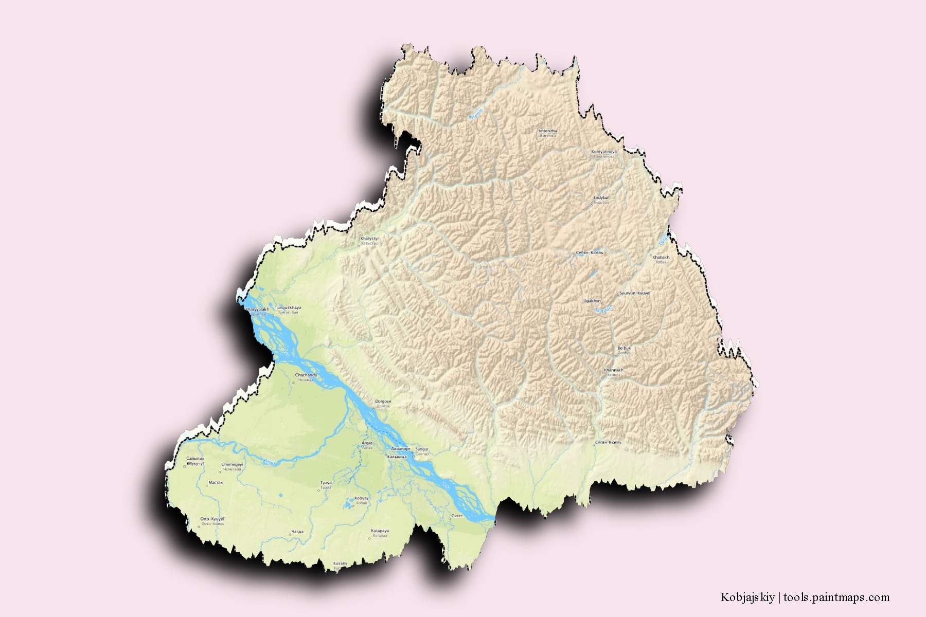 Kobjajskiy neighborhoods and villages map with 3D shadow effect