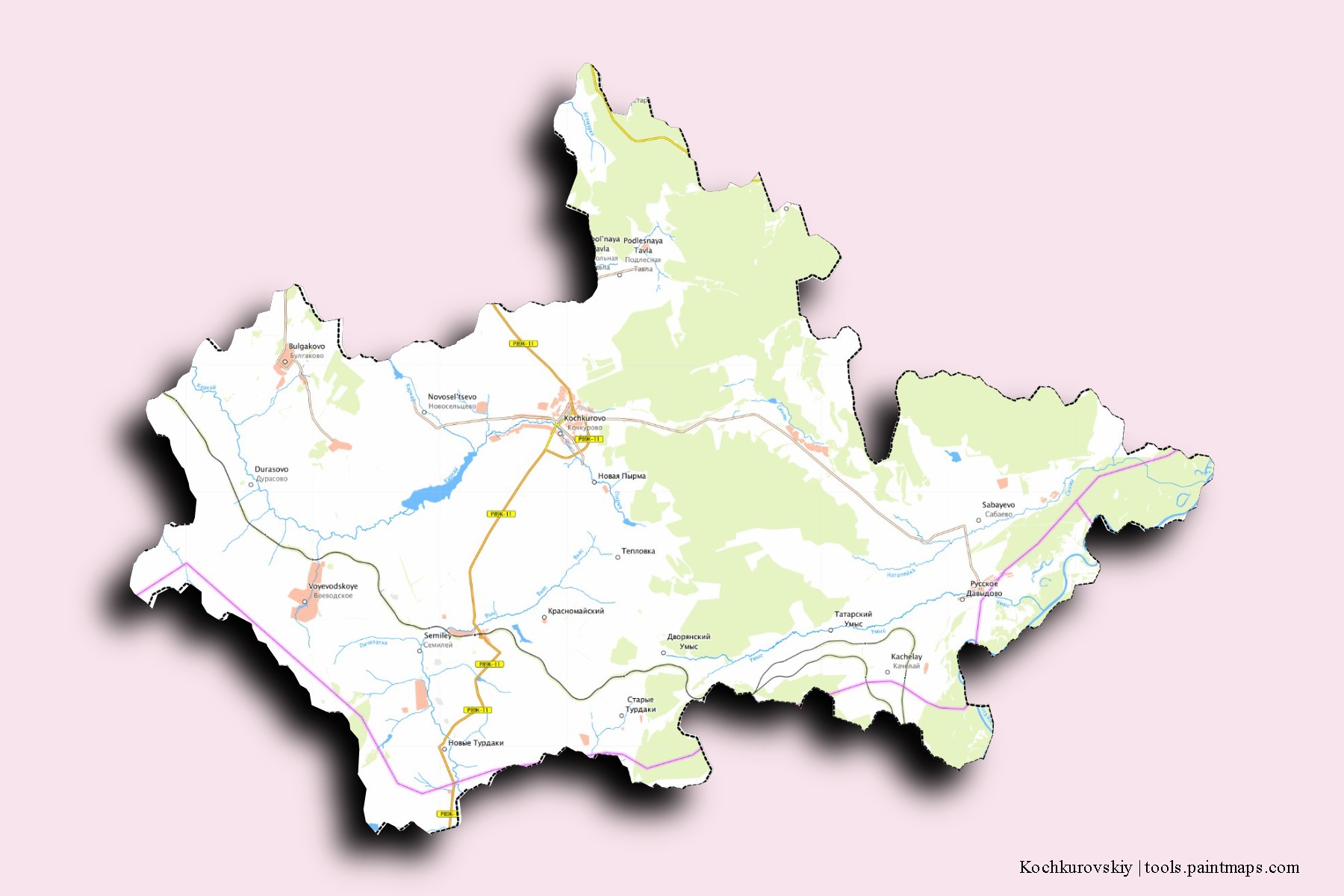 Kochkurovskiy neighborhoods and villages map with 3D shadow effect