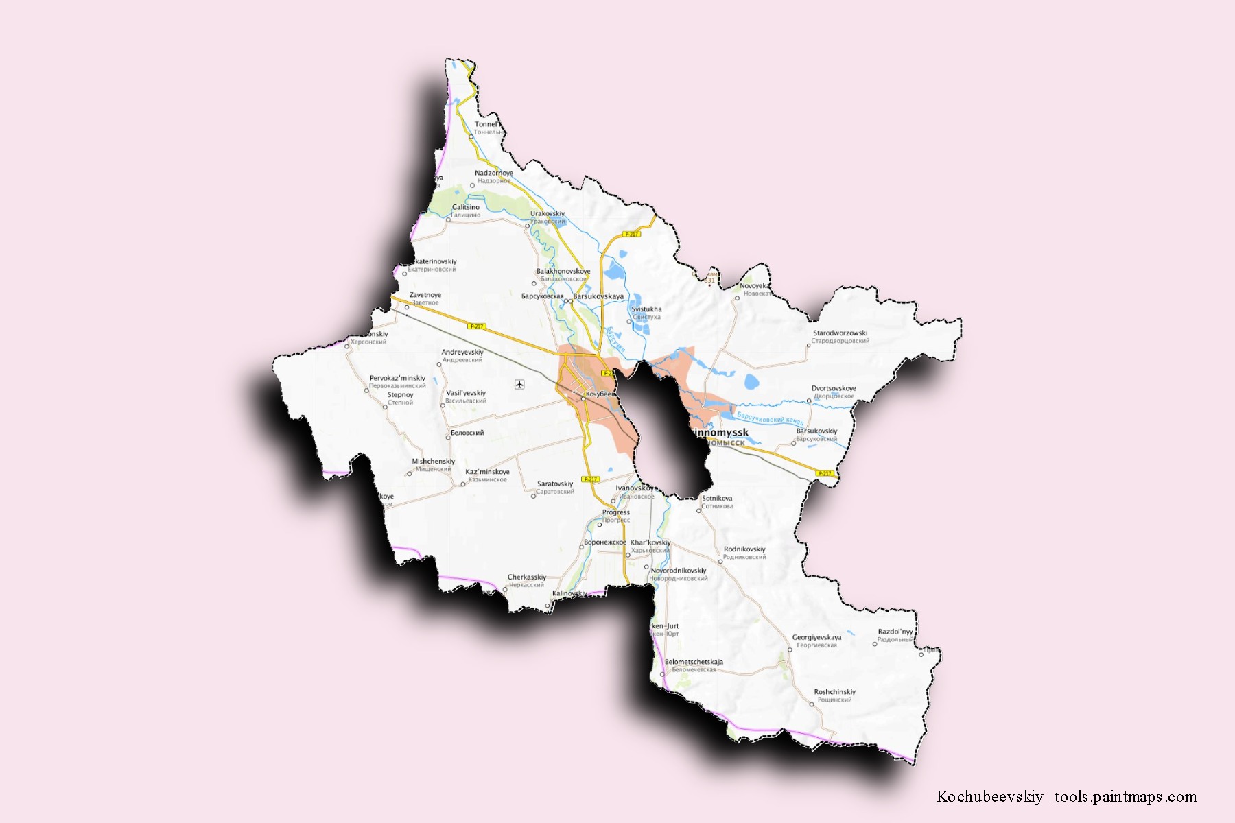 Mapa de barrios y pueblos de Kochubeevskiy con efecto de sombra 3D