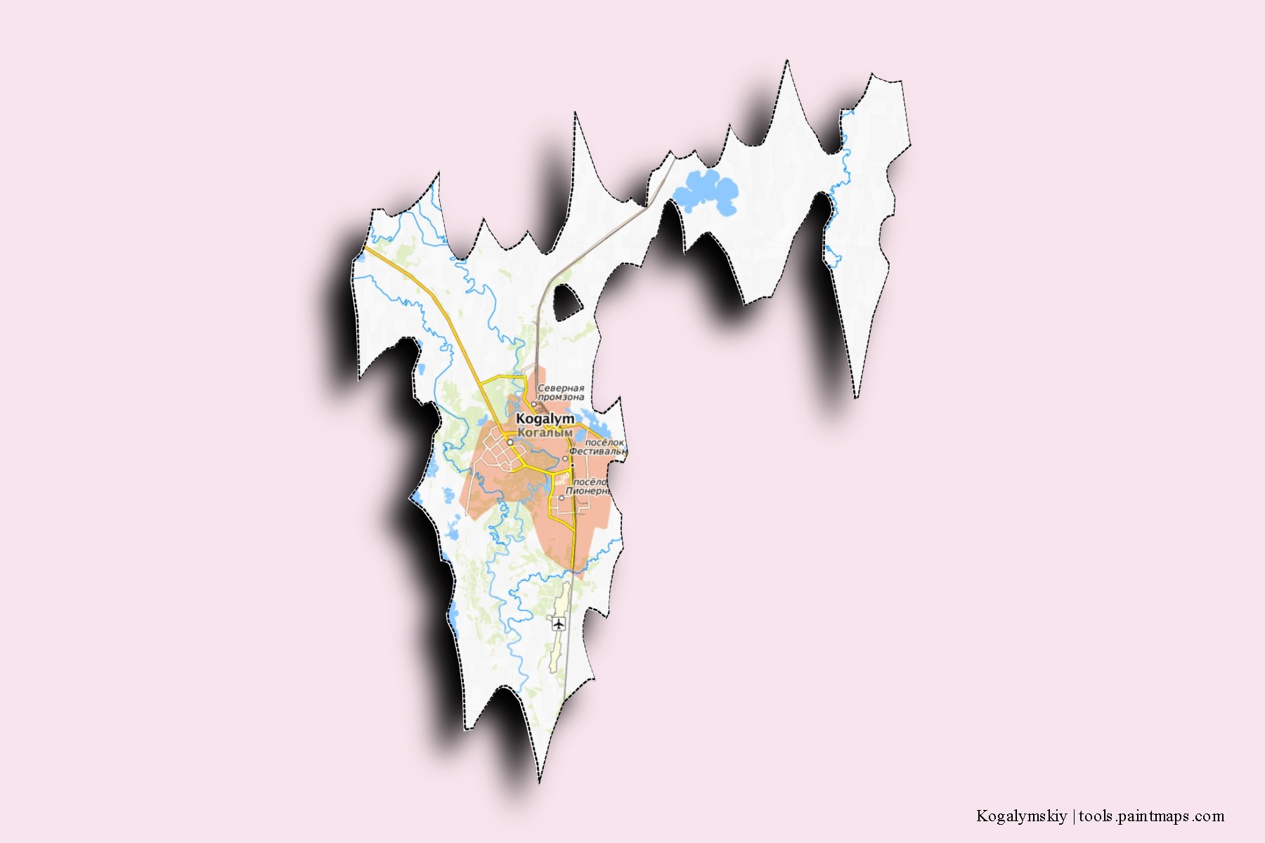 Kogalymskiy neighborhoods and villages map with 3D shadow effect