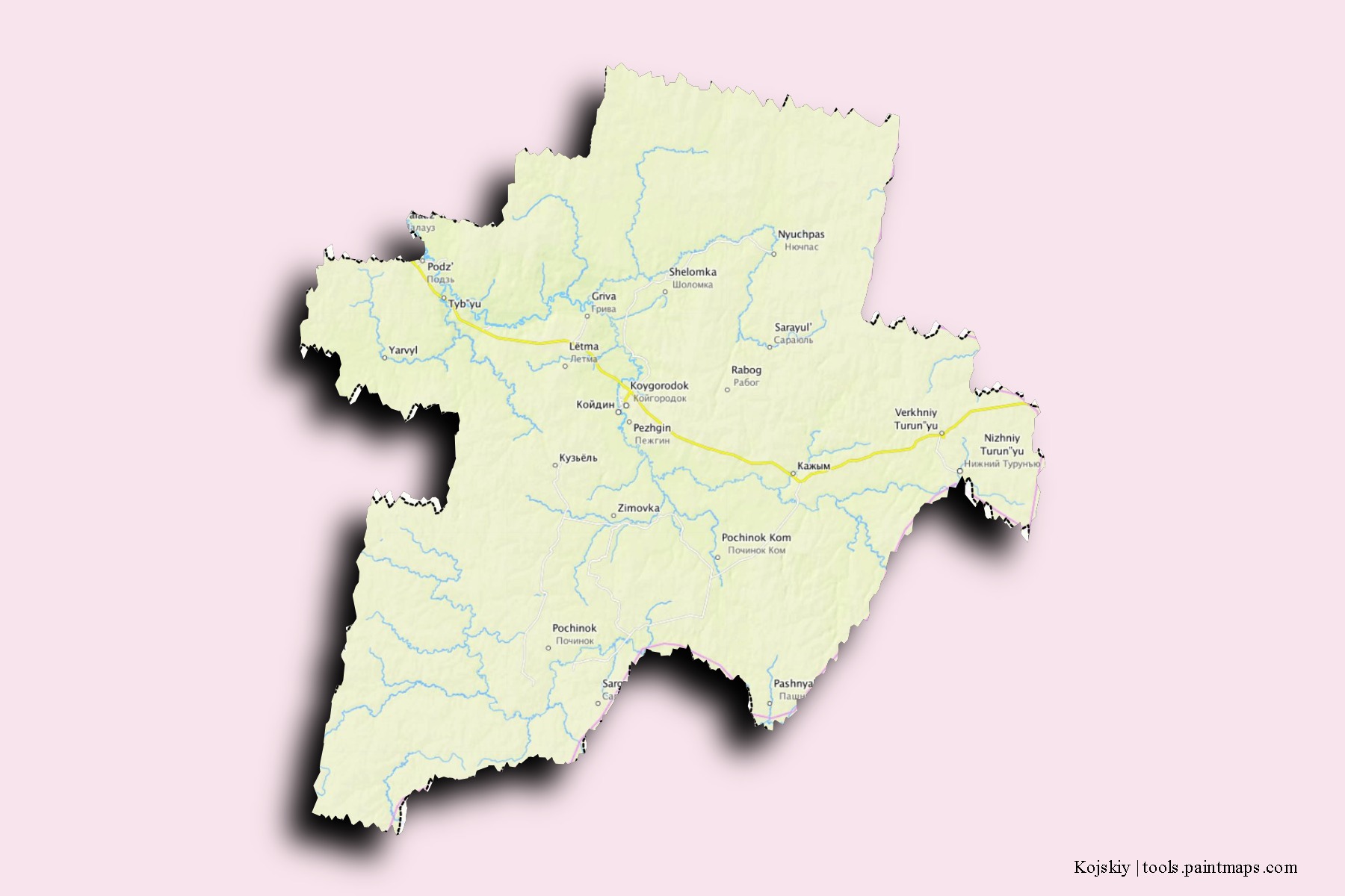 Mapa de barrios y pueblos de Kojskiy con efecto de sombra 3D